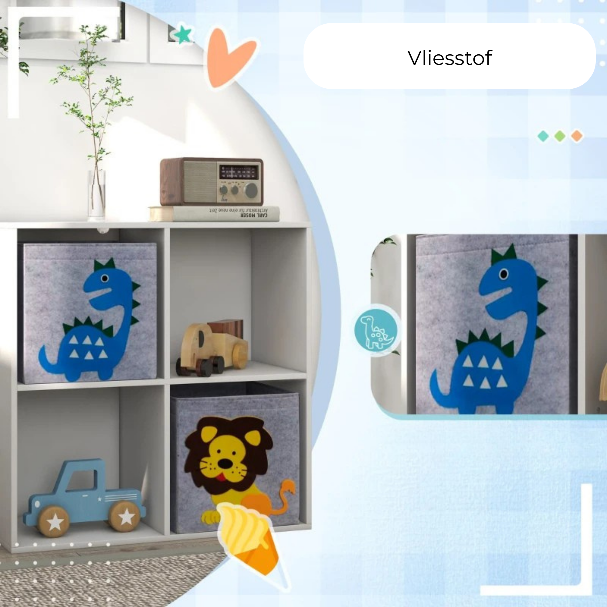 Witte speelgoedkast met opbergdozen voor kinderkamer met dinosaurus en leeuw in vakken voor speelgoedopslag