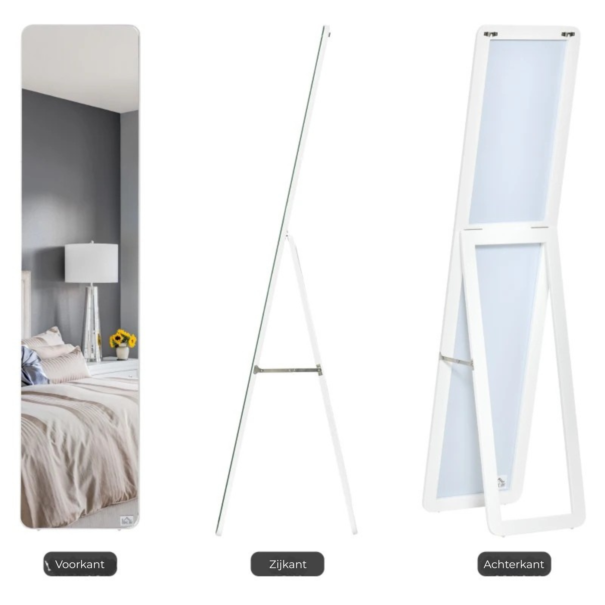Passpiegel wandspiegel wit met houten frame 37×43×156 cm met staande en wandmontage optie in modern ontwerp