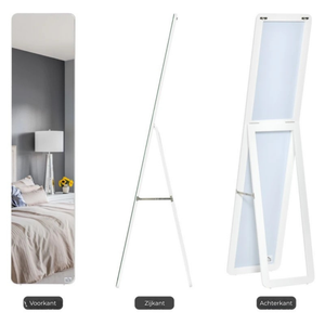 Passpiegel wandspiegel wit met houten frame 37×43×156 cm met staande en wandmontage optie in modern ontwerp