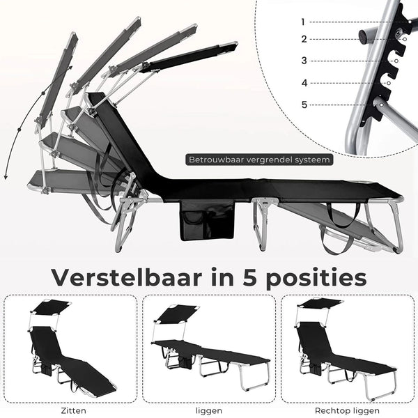 Zenzee Ligbed - Zonnebed - Met zonnedak - Tot 150 Kg - Zwart