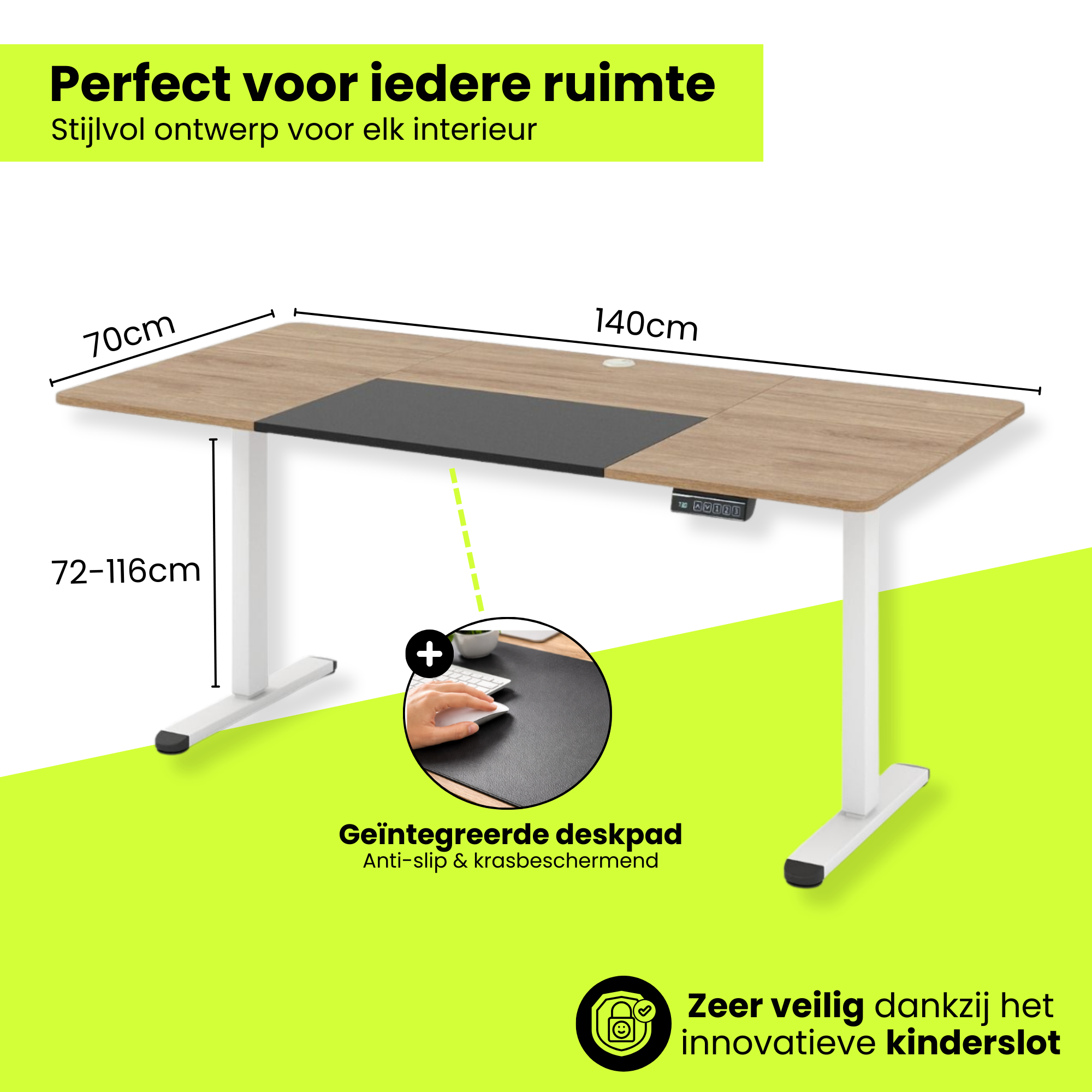 Elektrisch zit sta bureau 140x70 met botsbeveiliging en kinderslot natuur met geïntegreerde deskpad en verstelbare hoogte