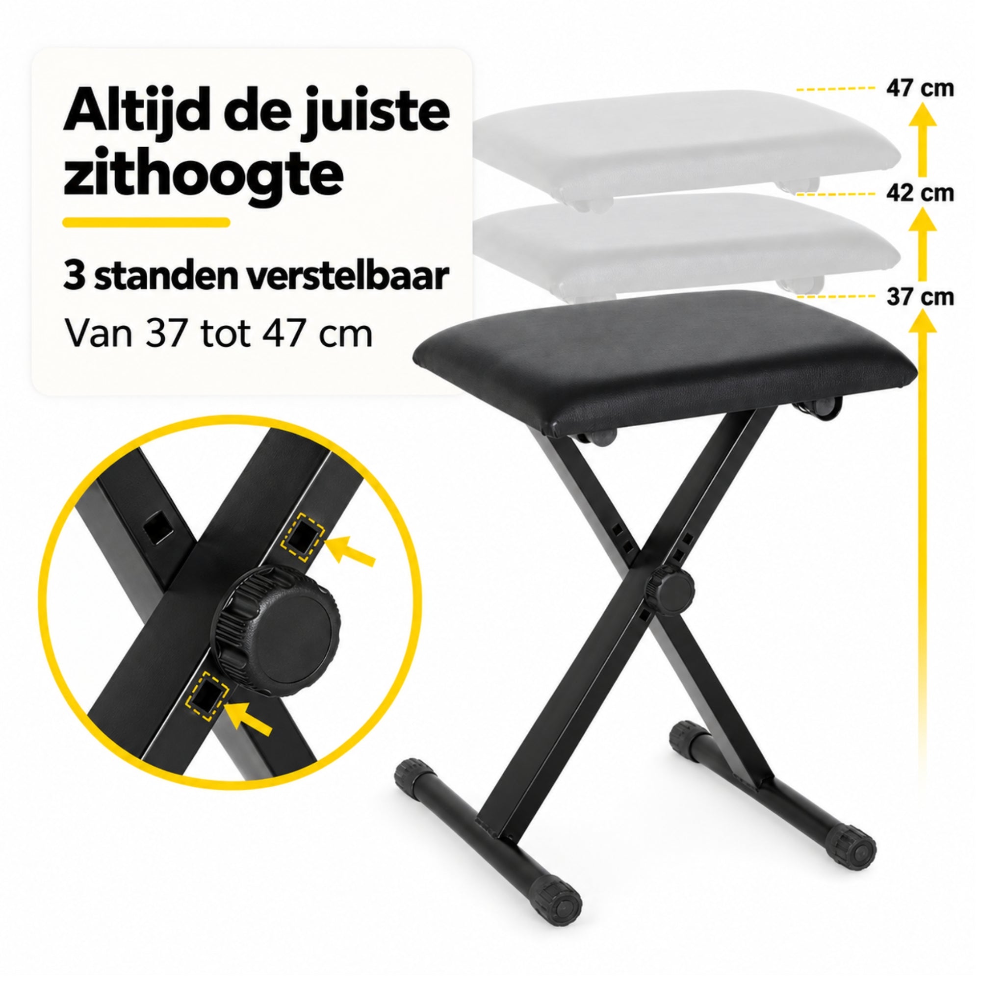 Verstelbare pianokruk met inklapbaar frame – zwart kunstleer – 39×29×37–47 cm met 3 verstelbare zithoogtes