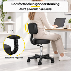 Zwarte Tabouret met Rugleuning – Ergonomisch Verstelbaar met zacht gevoerde PU-bekleding en verstelbare zithoogte aan bureau