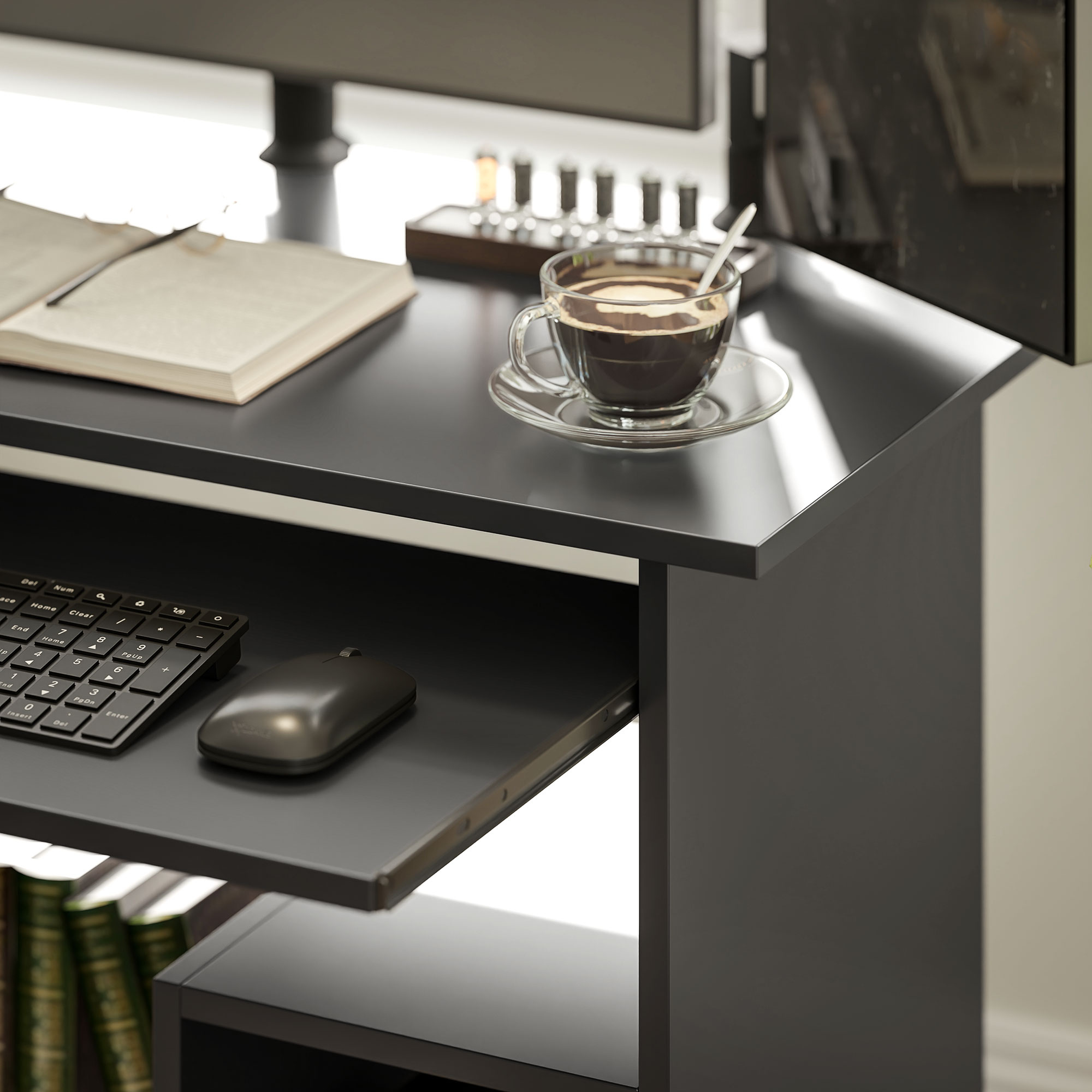 Compact zwart computerbureau 80 × 45 × 75 cm met lade & vakken met praktisch ontwerp voor een ordentelijke en stijlvolle werkplek