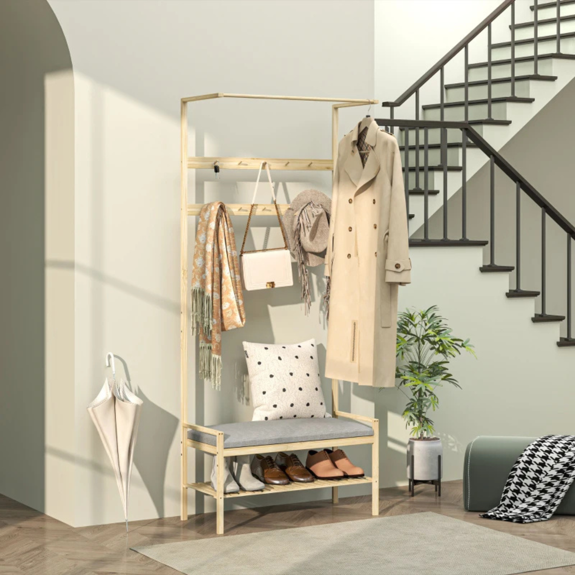 Kapstok garderobe met schoenenrek & zitkussen – duurzaam bamboe halmeubel met opbergruimte voor jassen en schoenen in hal