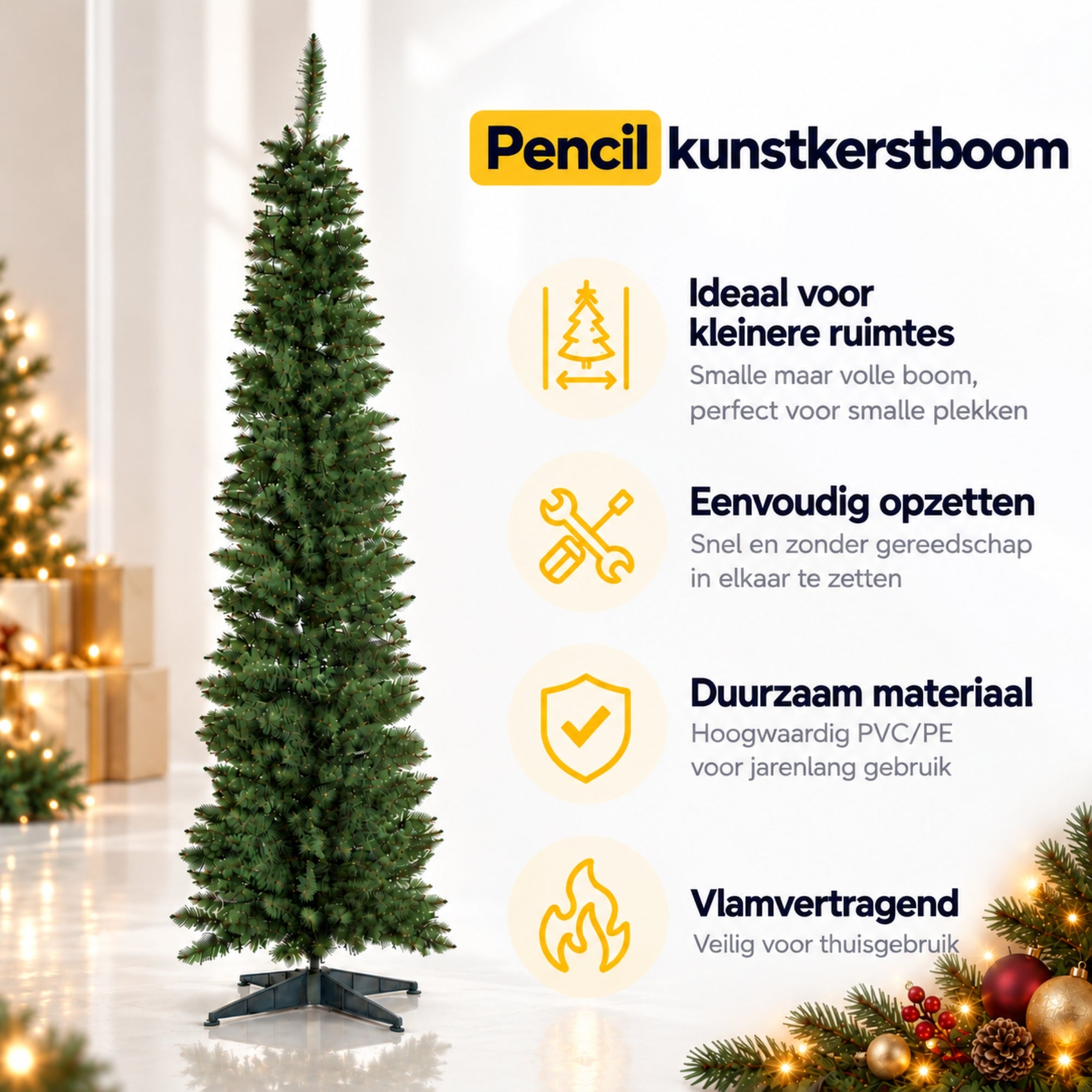 Smalle kunstkerstboom 210 cm – perfect voor kleine ruimtes in groen PVC met 499 naaldpunten en slank model