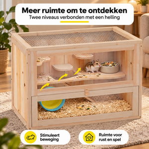 Houten hamsterkooi 60x35x42 cm – comfortabele en veilige ruimte voor je knaagdier met twee niveaus en hellingen voor actief spel