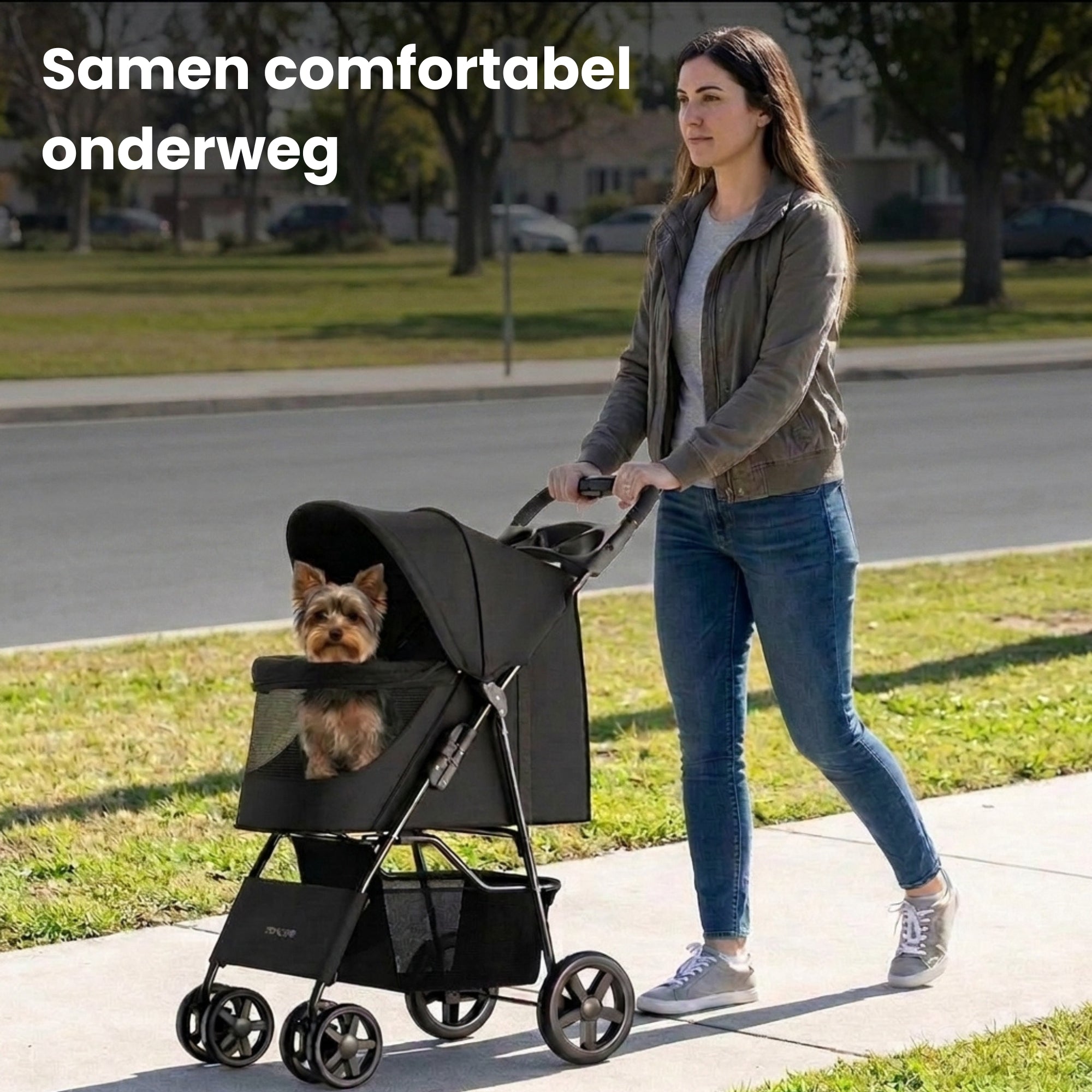 Hondenbuggy inklapbaar met regenhoes belastbaar tot 15 kg Zwart, met comfortabele cabine en schokabsorberende wielen voor veilig wandelplezier.