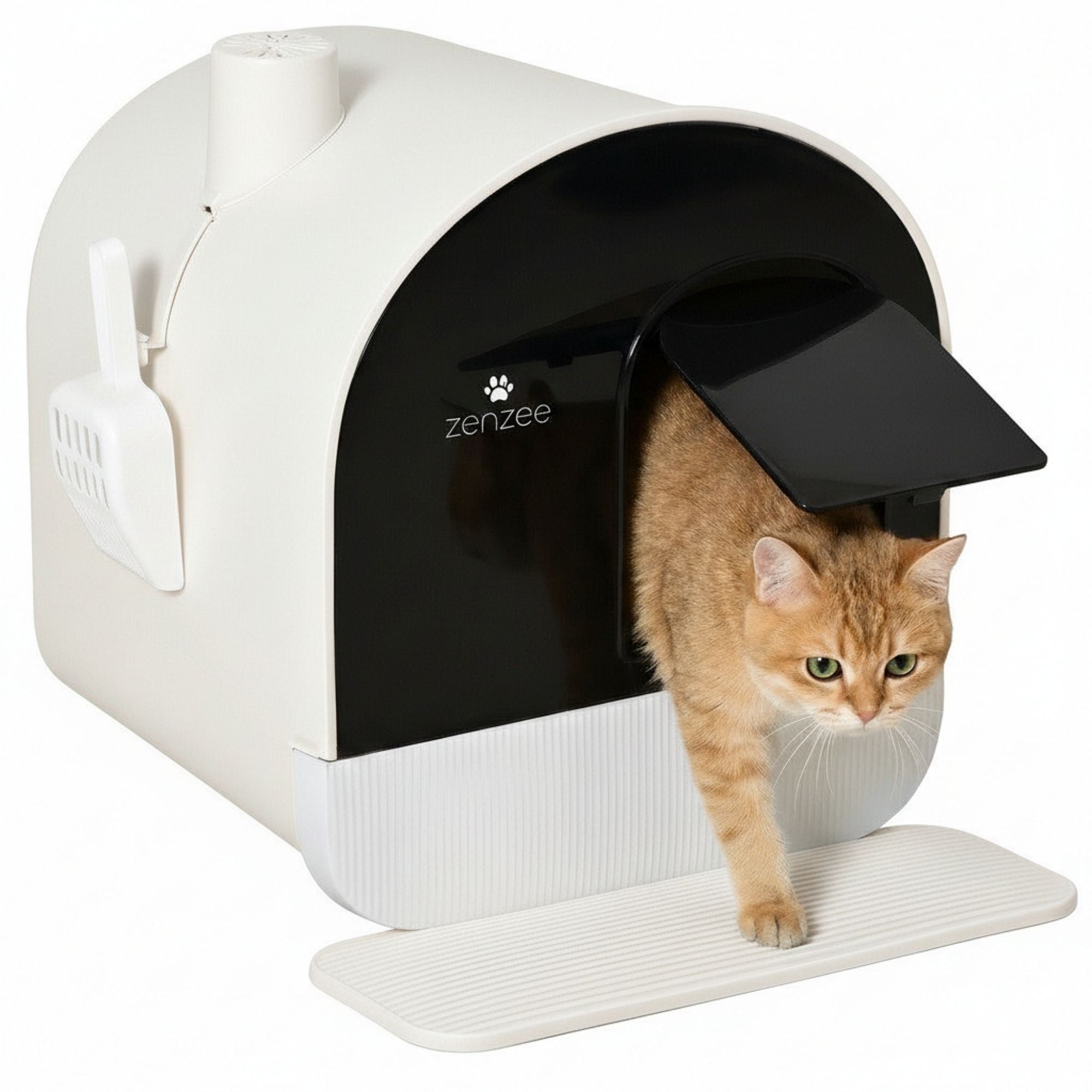 Witte kattenbak met uitneembare lade, kattenbakmat & schepje – hygiënisch design | Zenzee met kat die eruit stapt