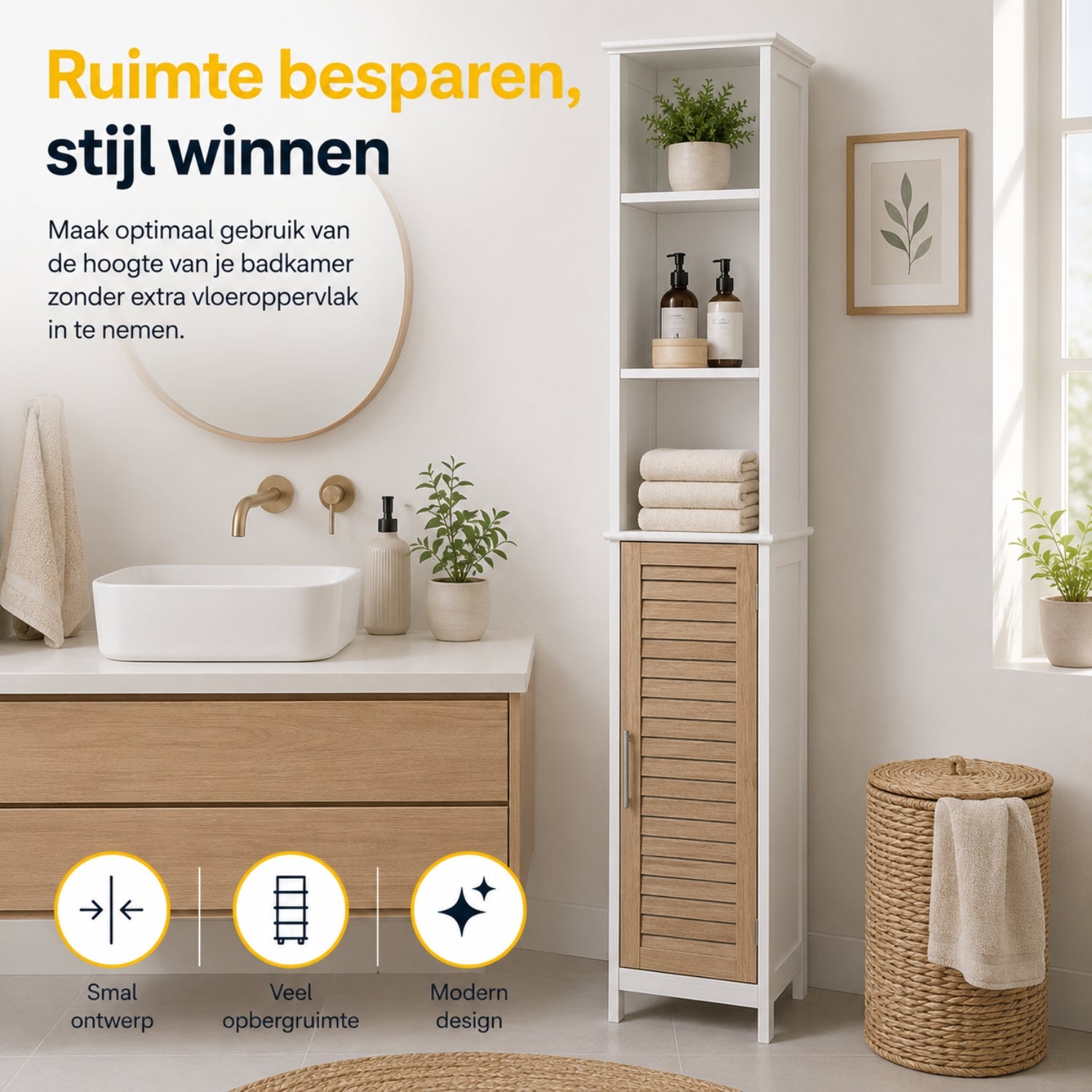 Badkamer kolomkast wit-eiken 173 cm – Smalle kast met veel opbergruimte en modern design