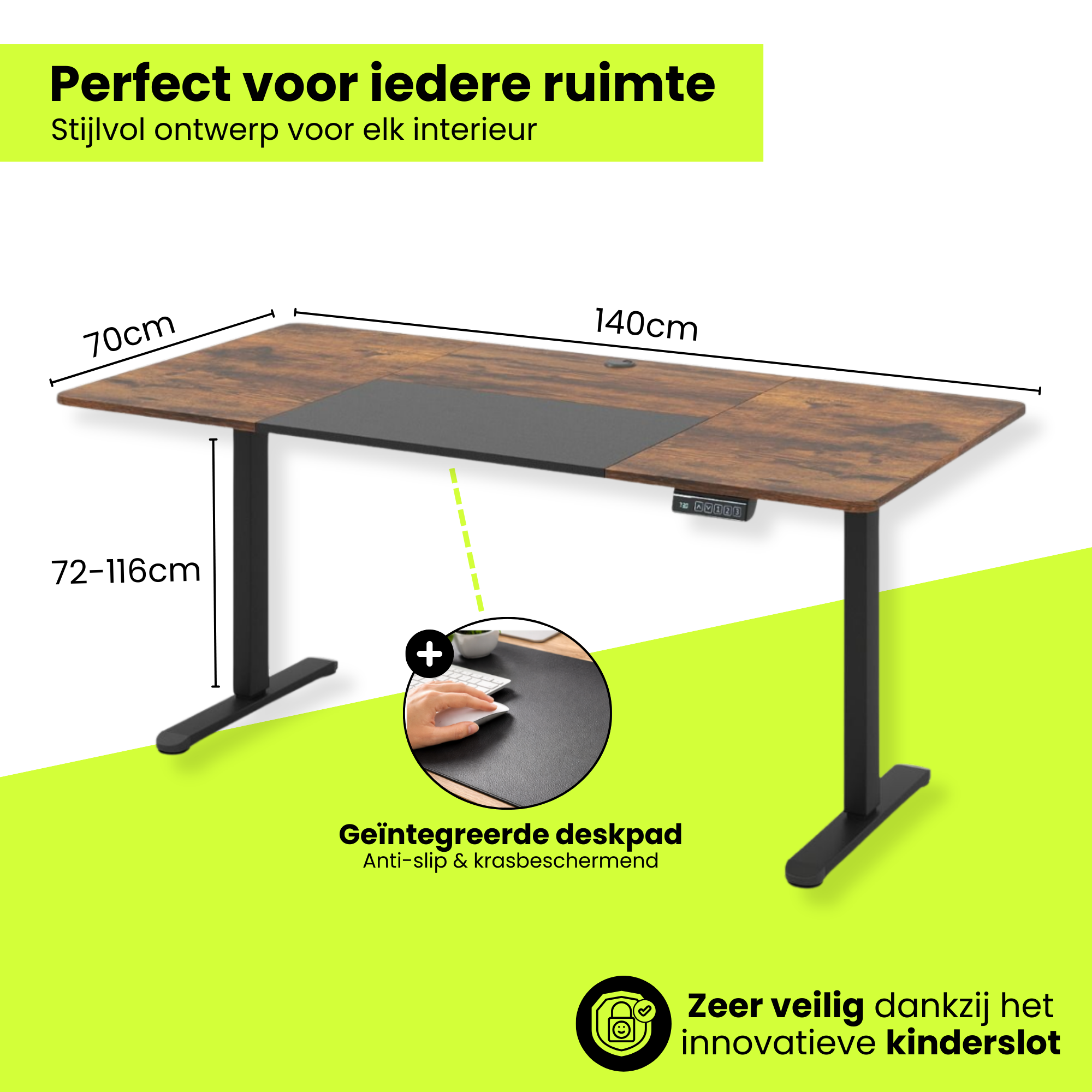 Elektrisch zit sta bureau 140x70 met botsbeveiliging en kinderslot bruin met geïntegreerde deskpad en instelbare hoogte