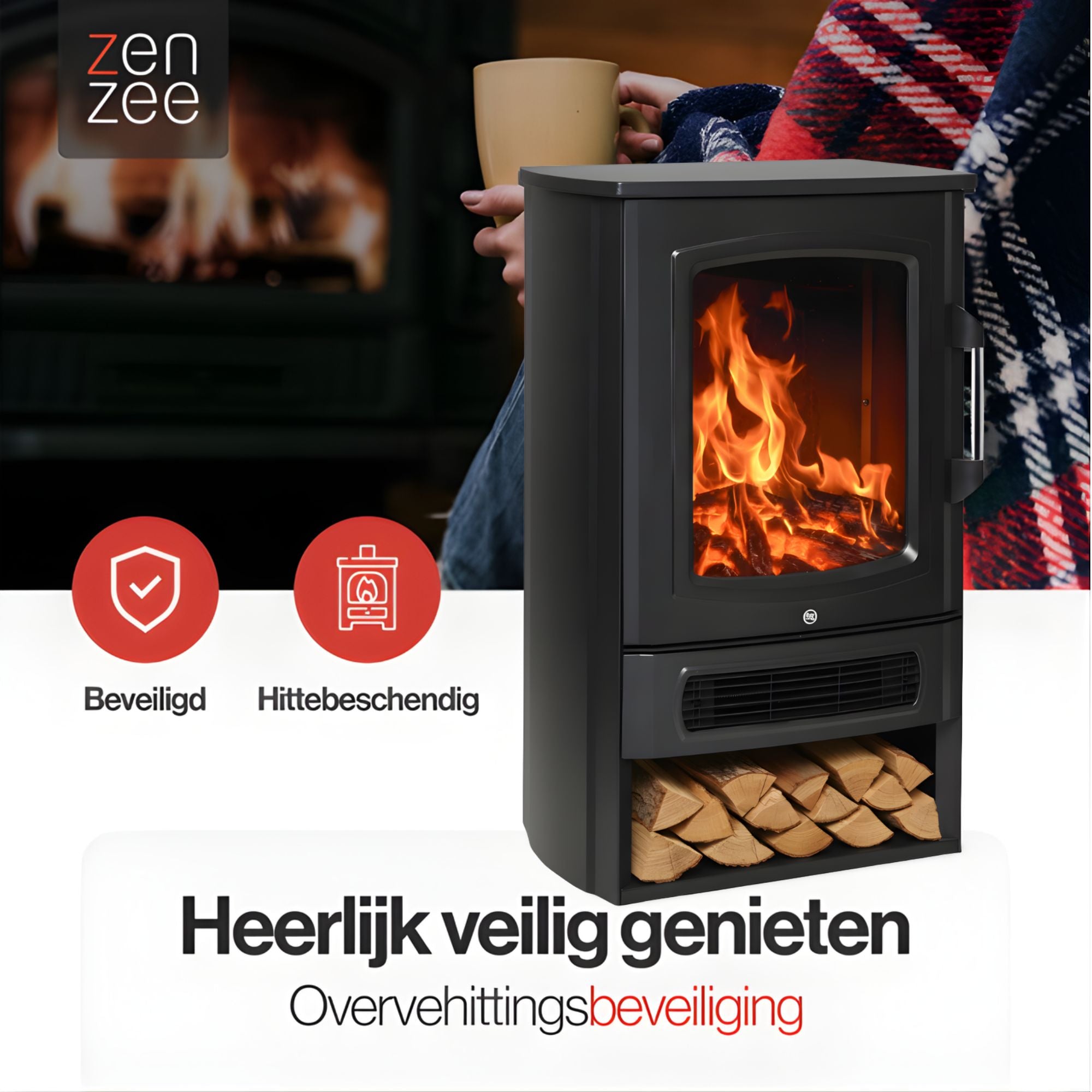 Vrijstaande elektrische sfeerhaard zwart – 2000W met realistisch vlameffect | Zenzee voor knusse warmte en stijlvolle sfeer