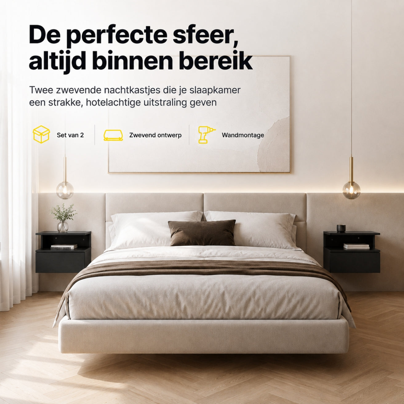 Zwevende nachtkastjes set van 2 met lade en open vak voor slaapkamer zwart | Zenzee