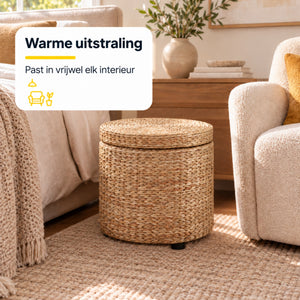 Ronde hocker met opbergruimte en afneembare deksel – stro rotan – Ø43×43 cm in khaki met verborgen opbergruimte in woonkamer