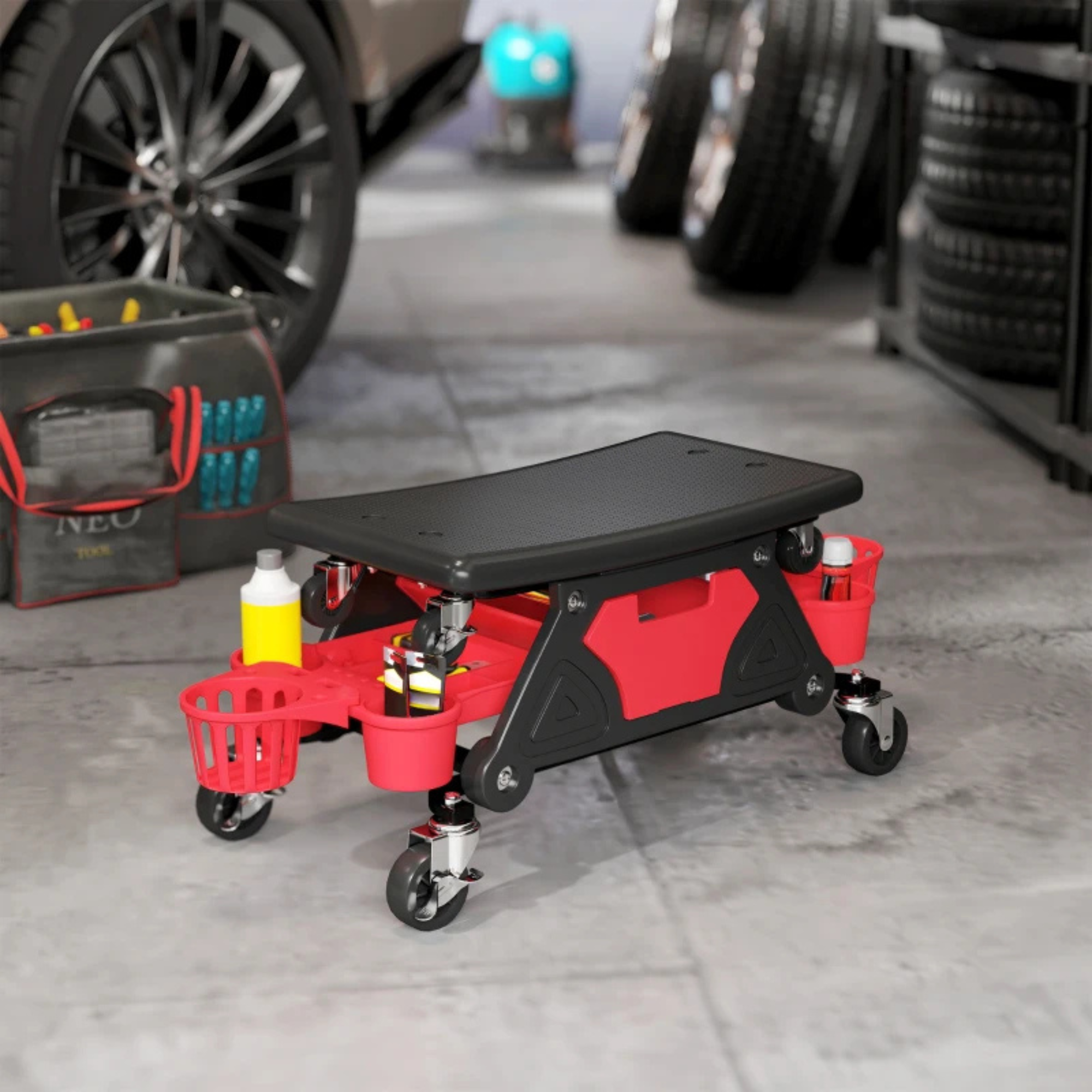 Ergonomische zadelkruk werkplaatskruk op wielen 86×33 cm met handige opbergruimte en robuust ontwerp voor werkplaatsgebruik