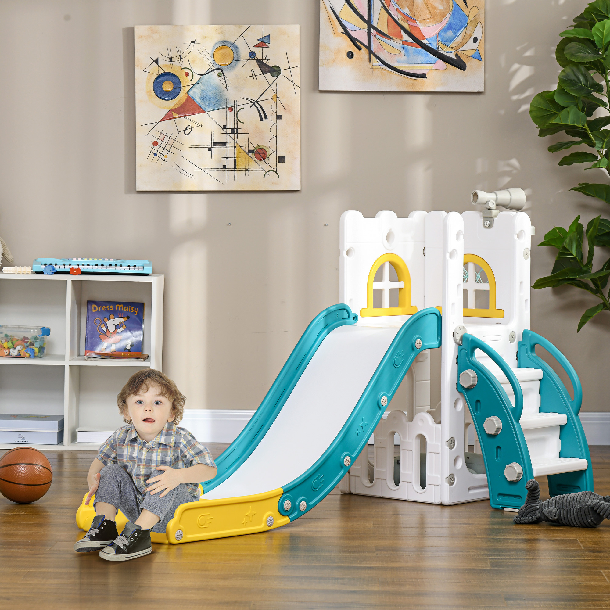 Kinderglijbaan met basketbalring voor actief en veilig speelplezier met veilige trap en kleurrijk ontwerp voor kinderen