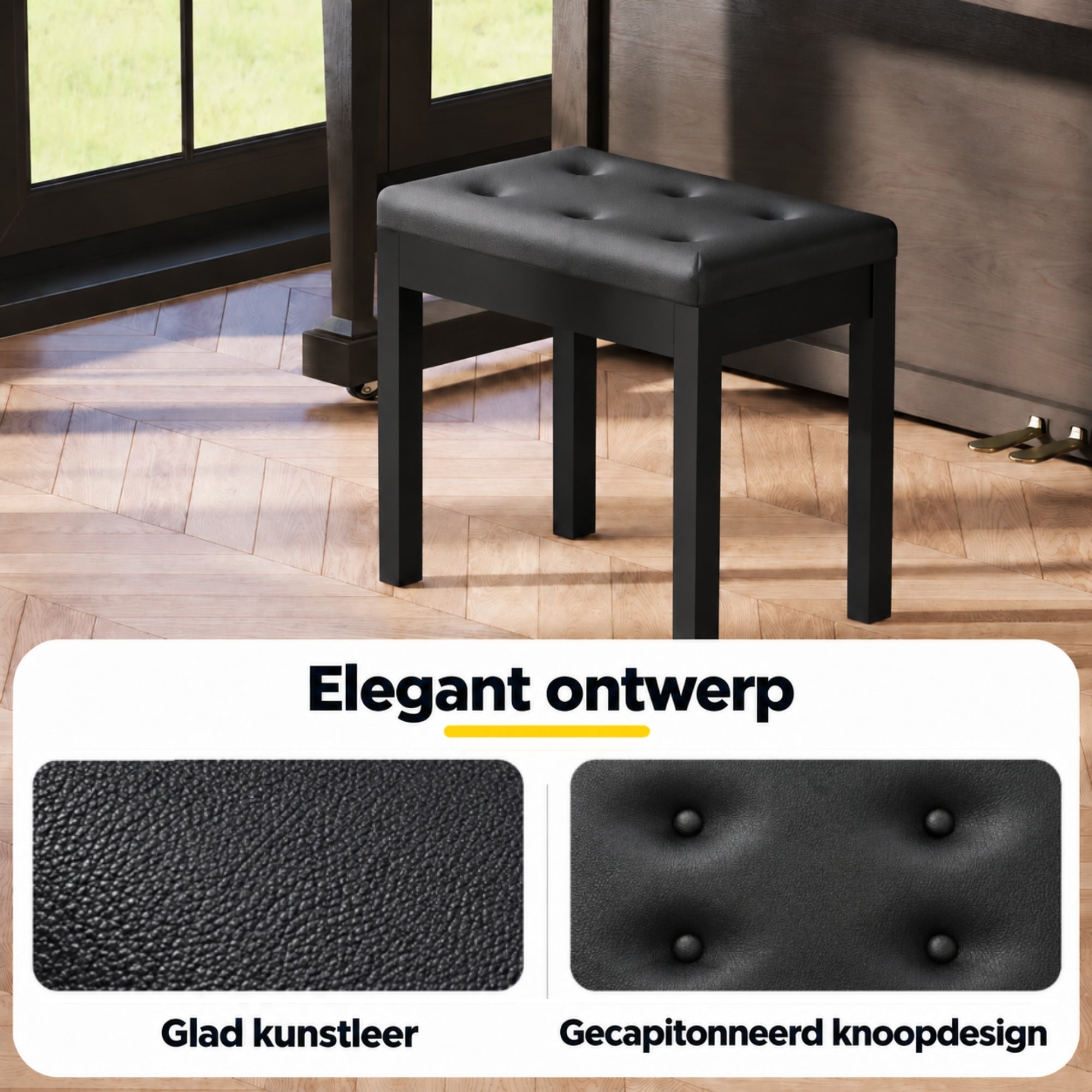 Moderne zwarte pianokruk met opbergruimte voor extra comfort en stijl, met glad kunstleer en gestikte knopen