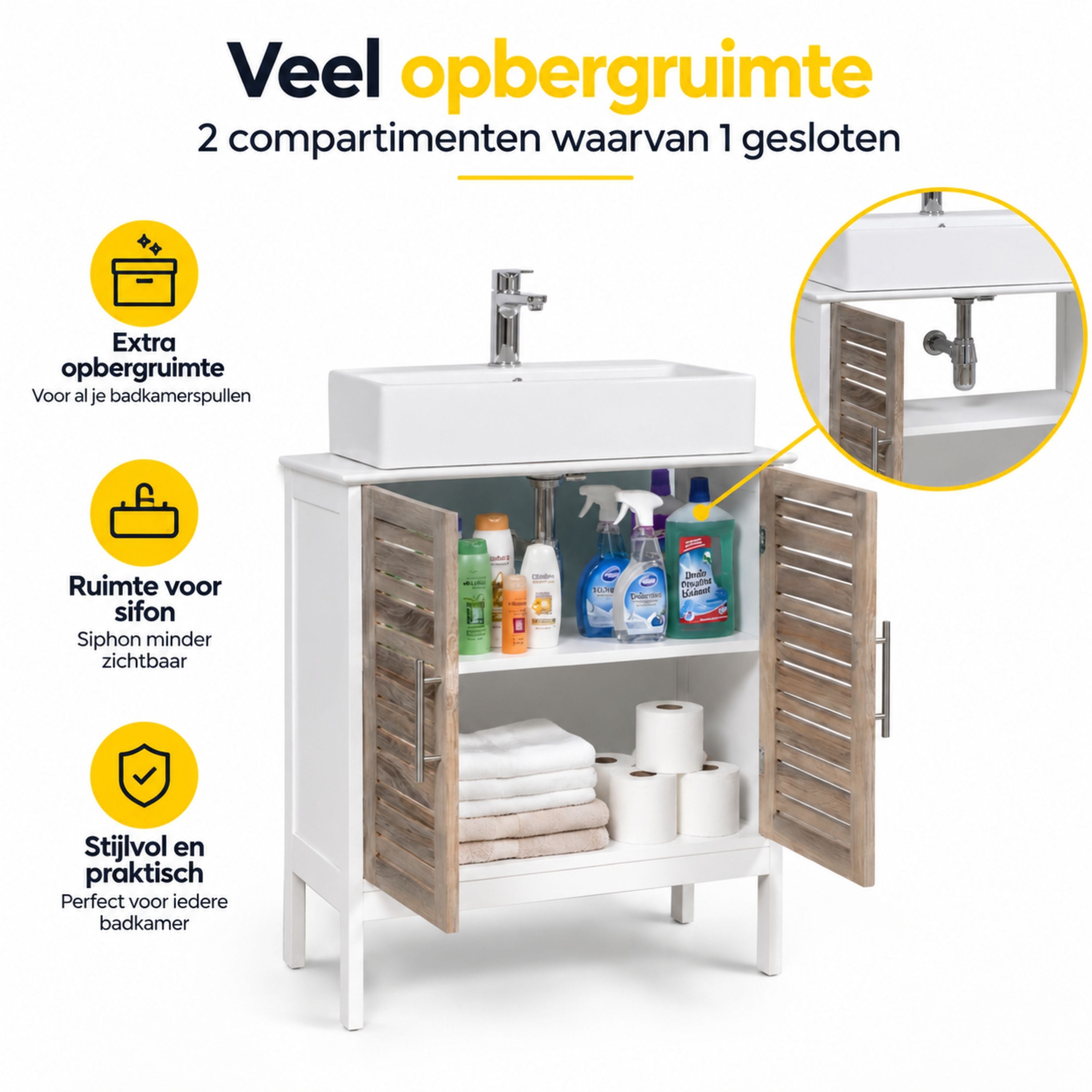 Badkamerset met wastafelonderkast en kolomkast wit/eiken complete set