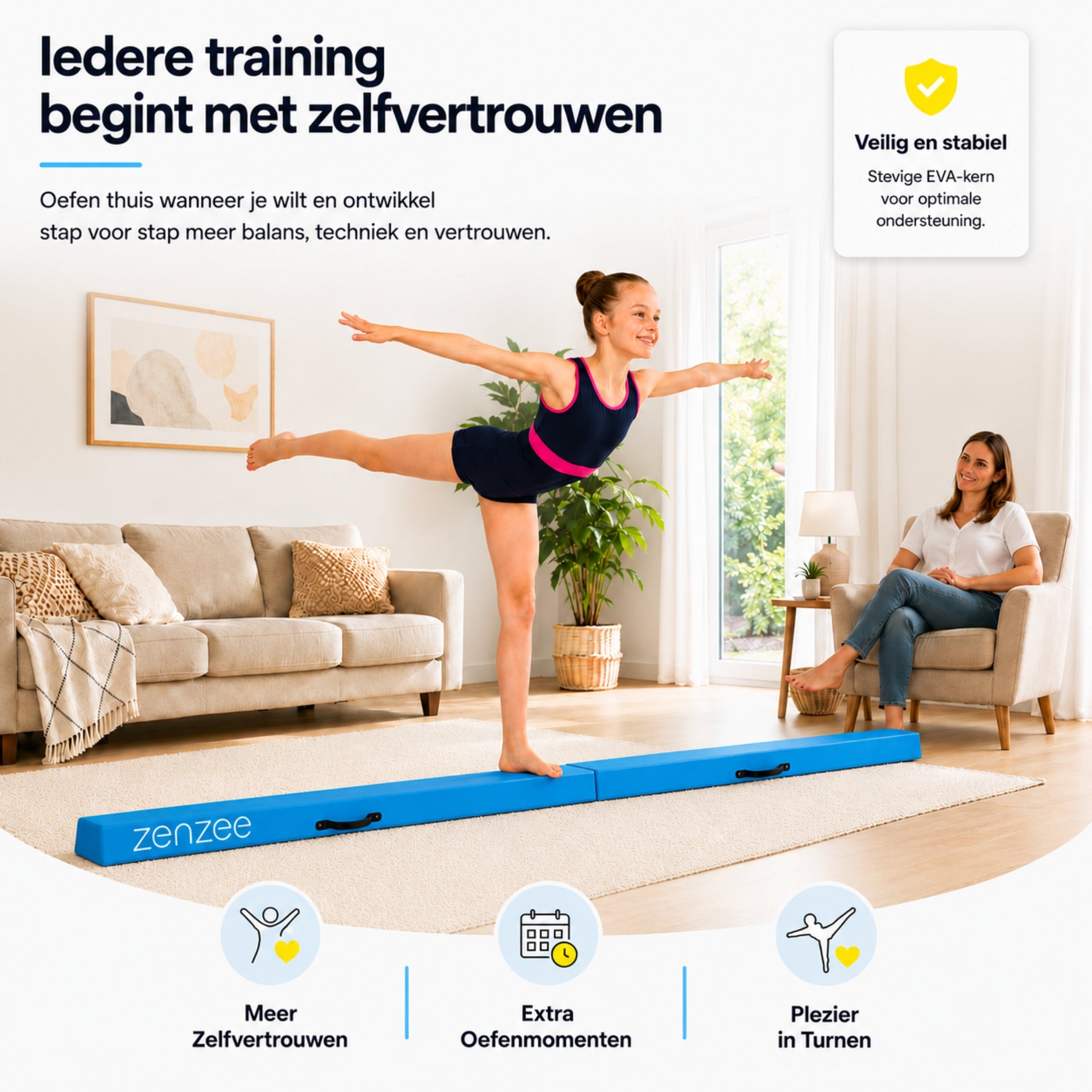 Turnbalk blauw 300 cm – balans trainer met draagtas. Ideaal voor thuis | Zenzee