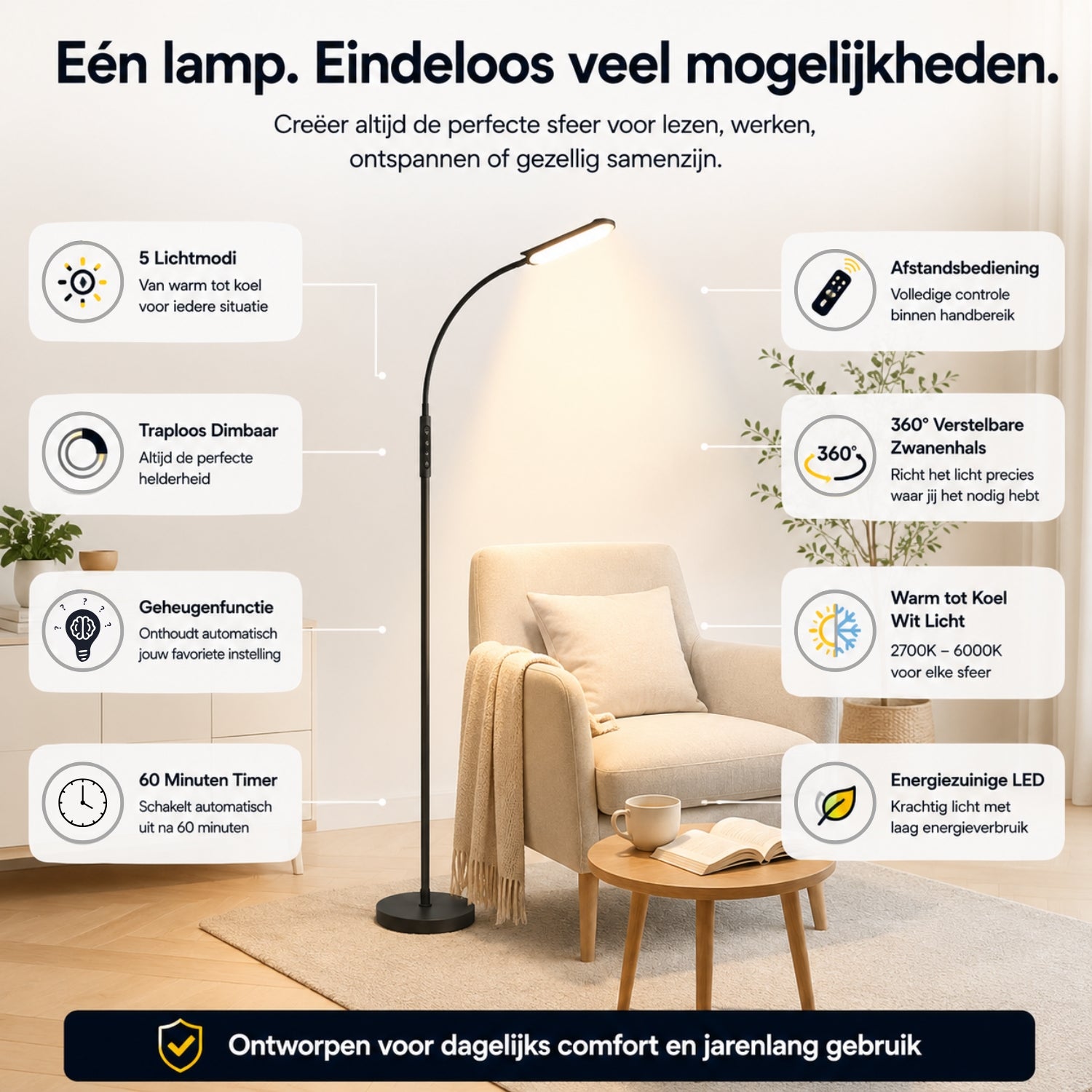 Dimbare LED vloerlamp voor woonkamer met afstandsbediening en geheugenfunctie zwart | Zenzee