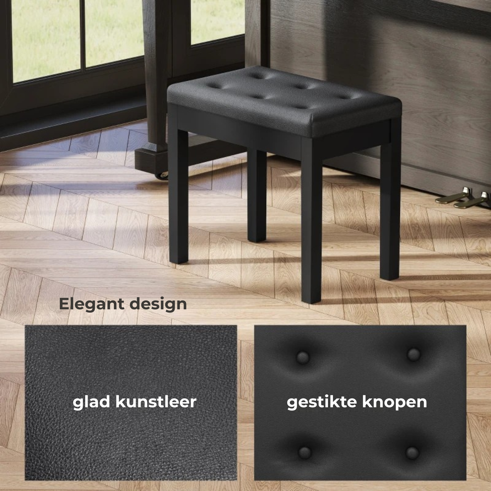 Moderne zwarte pianokruk met opbergruimte voor extra comfort en stijl, met glad kunstleer en gestikte knopen