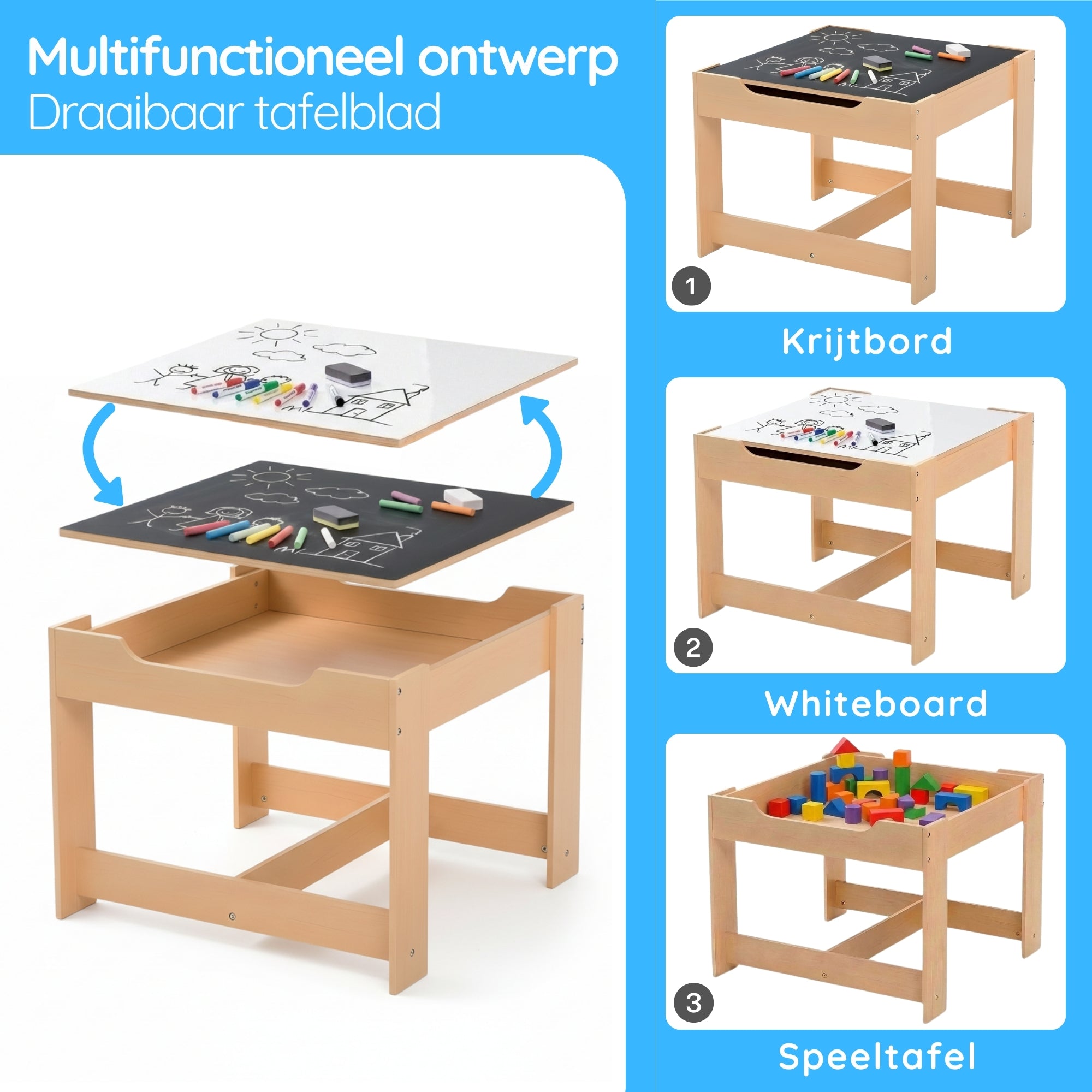 kindertafel met stoeltjes met krijtbord, whiteboard en slimme opbergruimte met draaibaar tafelblad en multifunctioneel gebruik