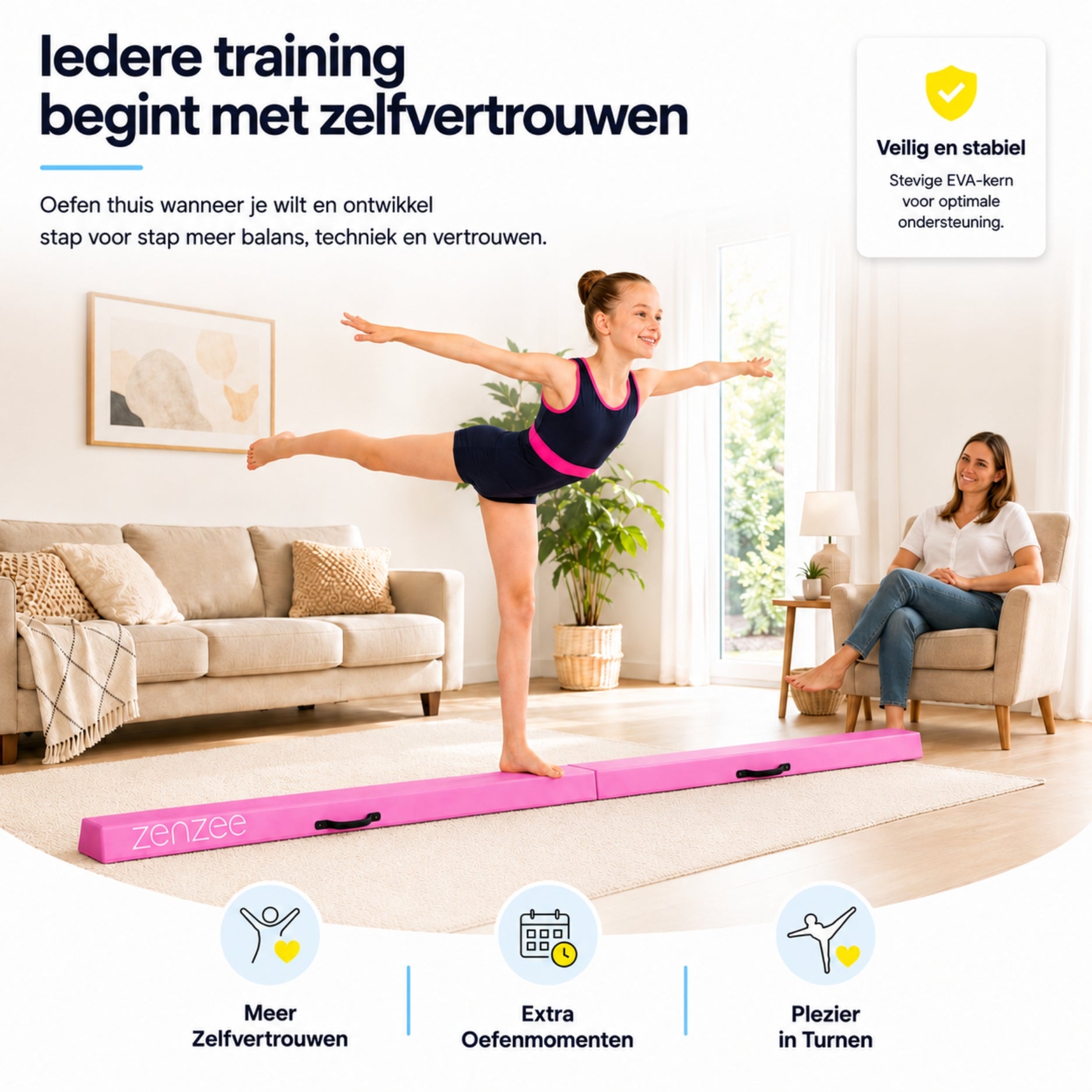 Turnbalk roze 300 cm – balans trainer met draagtas. Ideaal voor thuis | Zenzee