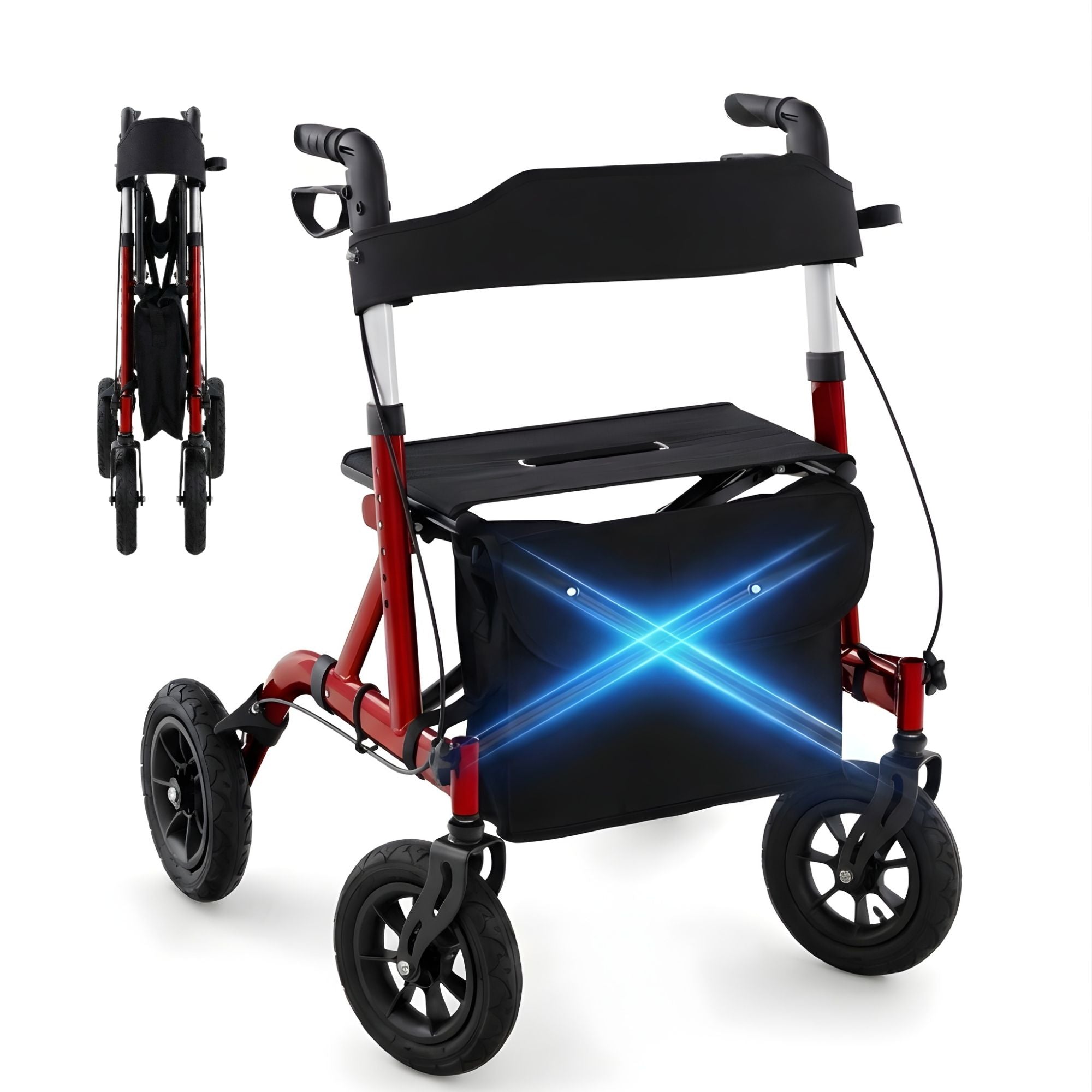 Rollator met all-terrain luchtbanden en comfortabele zitfunctie rood voor stabiel en veilig gebruik binnen en buiten