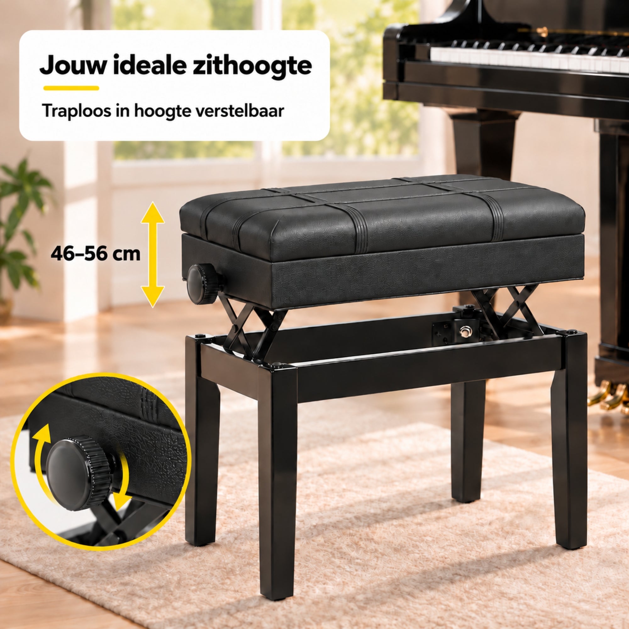 Zwarte pianokruk verstelbaar met opbergruimte en comfortabel design met instelbare zithoogte van 46 tot 56 cm