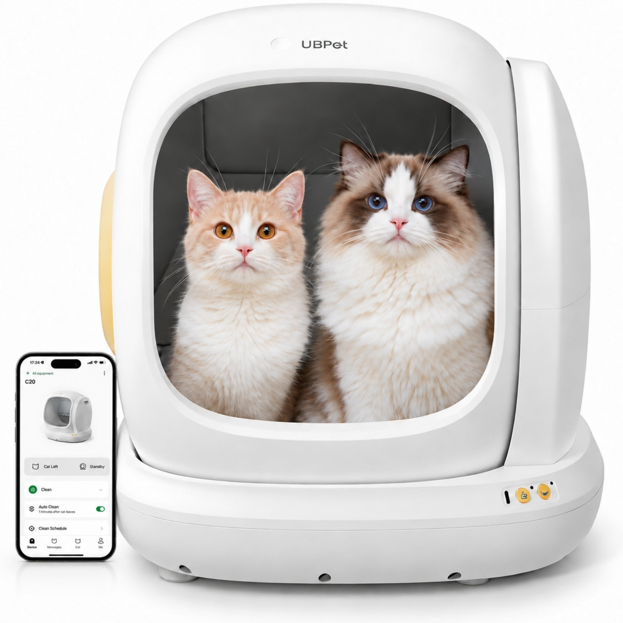 UBPet C20 automatische kattenbak – met app-bediening en dubbele geurverwijdering met 2 katten binnenin zichtbaar