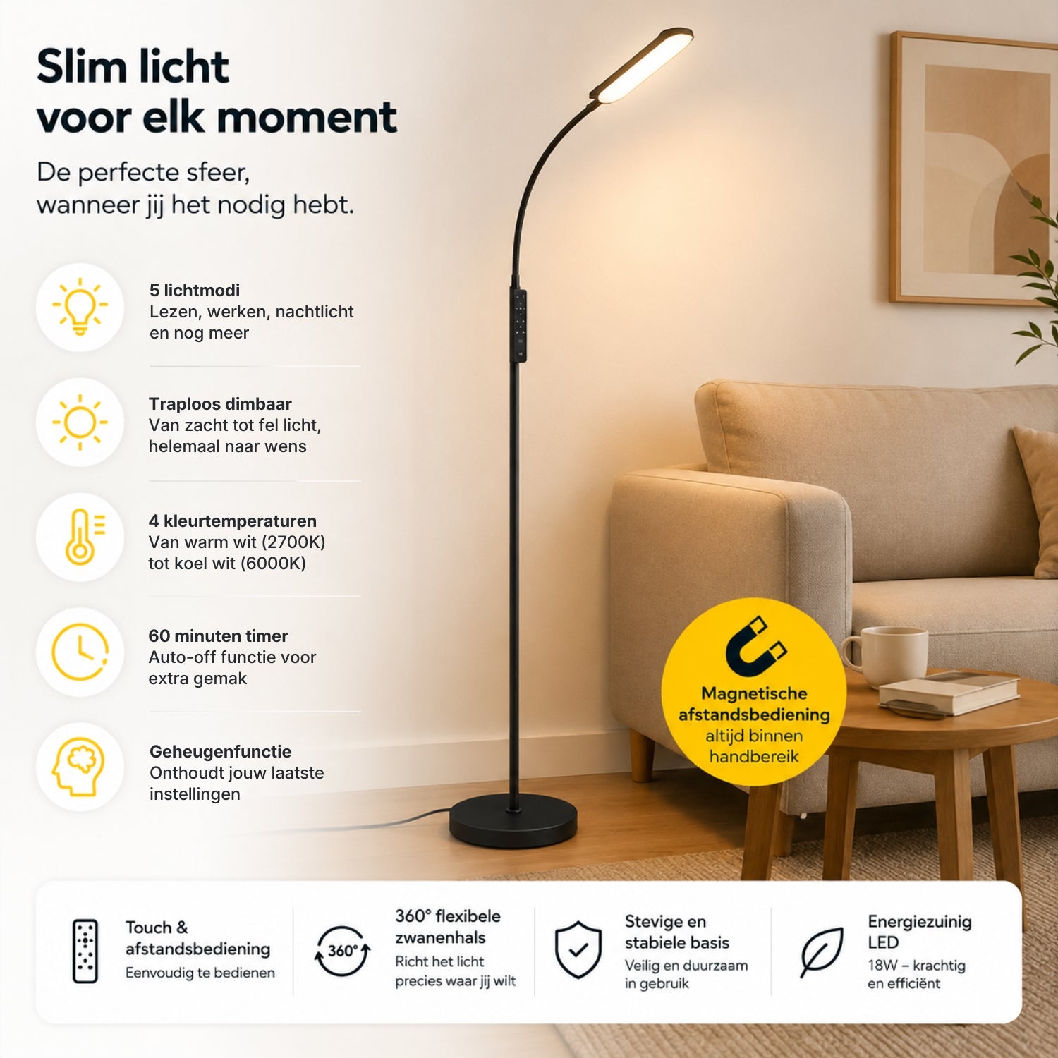 Dimbare LED vloerlamp voor woonkamer met afstandsbediening en geheugenfunctie zwart | Zenzee