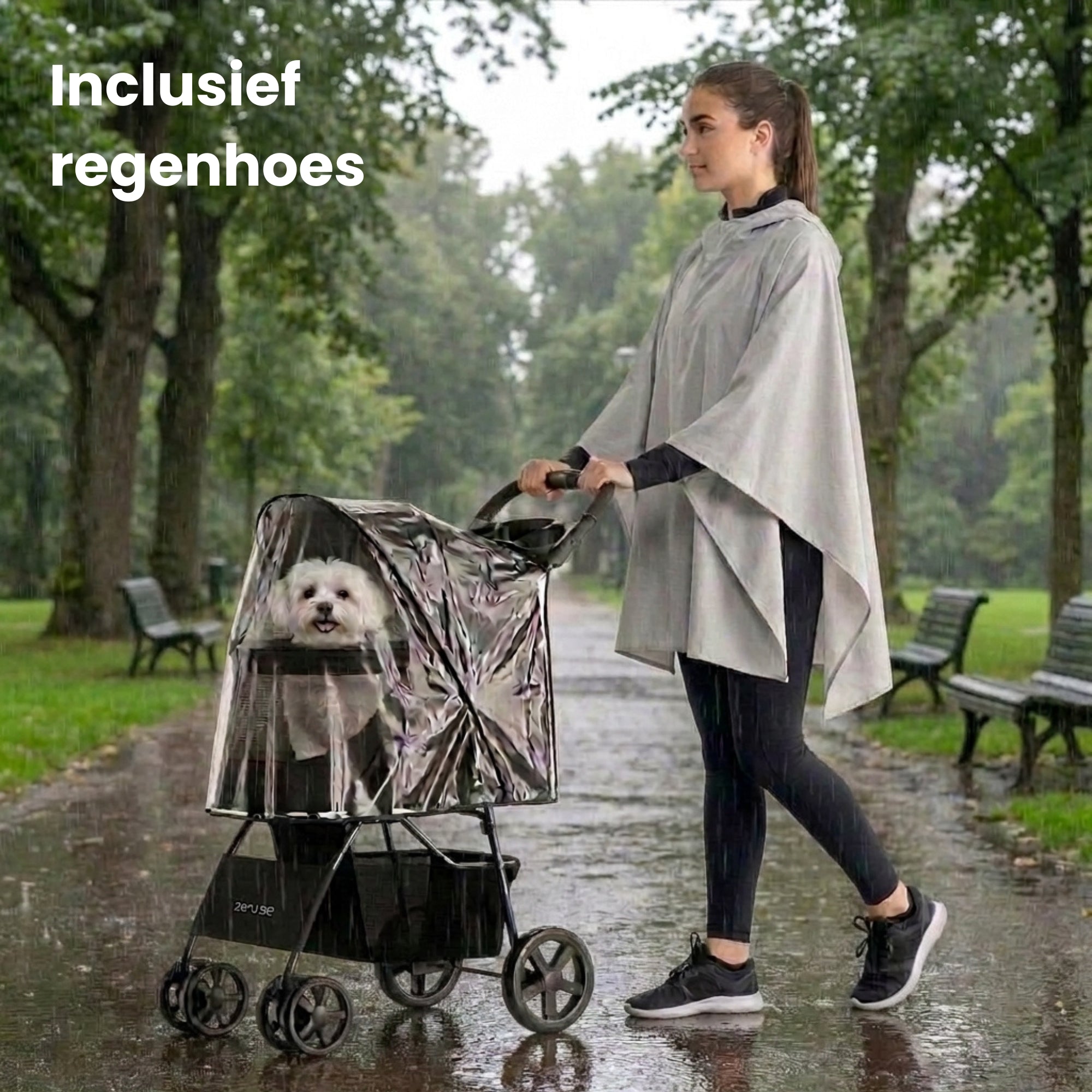 Hondenbuggy inklapbaar met regenhoes belastbaar tot 15 kg Zwart met waterdichte hoes en schokdempende wielen voor comfortabele en veilige wandelingen.