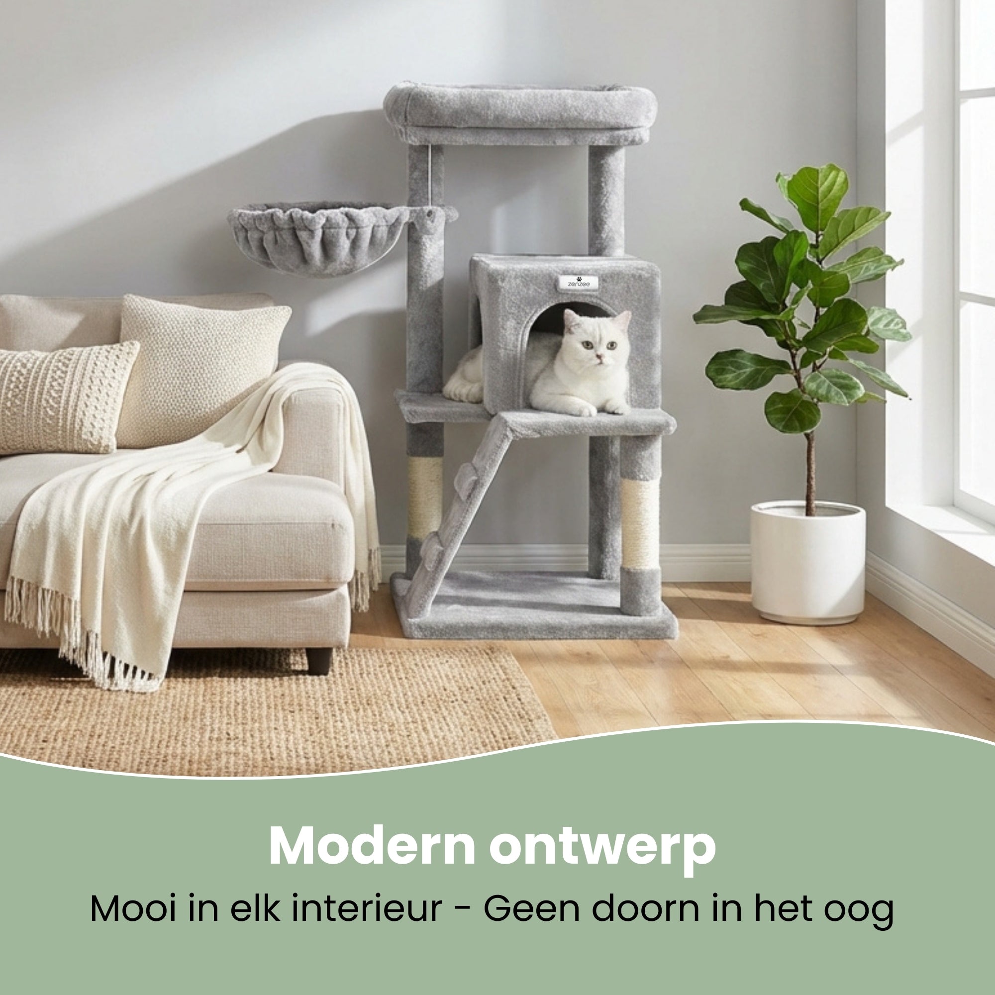 Krabpaal – Ook voor kittens en senior katten – Compact- Modern - Lichtgrijs – 49 x49 x 97 cm in galerijpositie 1 met ligvlak en hangmand
