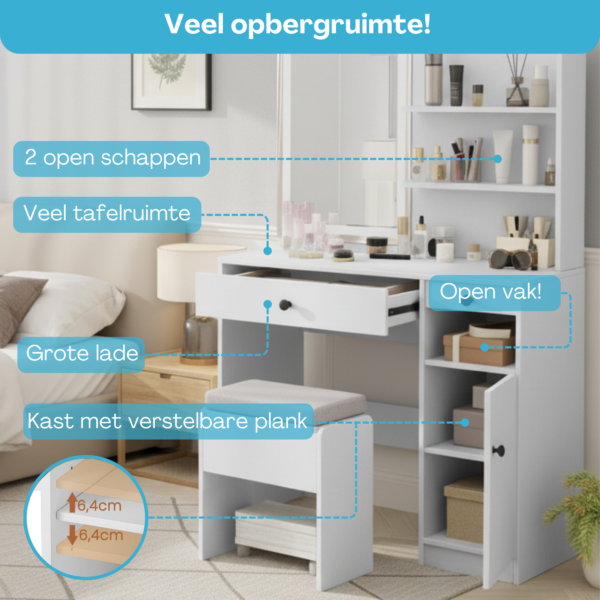 Make-up tafel kaptafel met hocker met LED-spiegel 90x40x136 cm – stijlvol met veel opbergruimte en praktische indeling