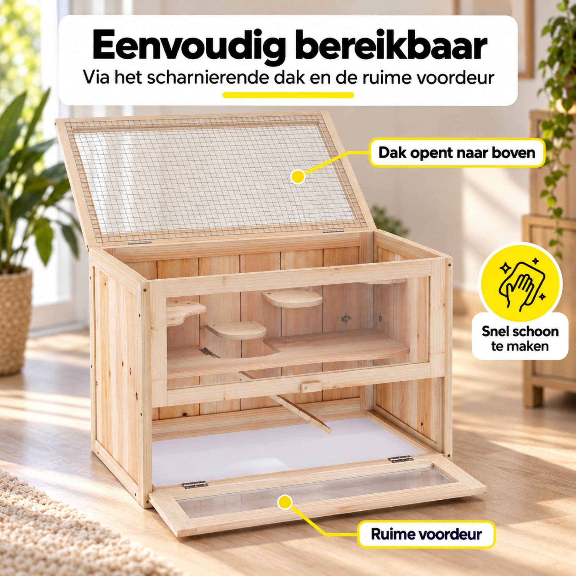 Houten hamsterkooi 60x35x42 cm – comfortabele en veilige ruimte voor je knaagdier met open dak en ruime voordeur