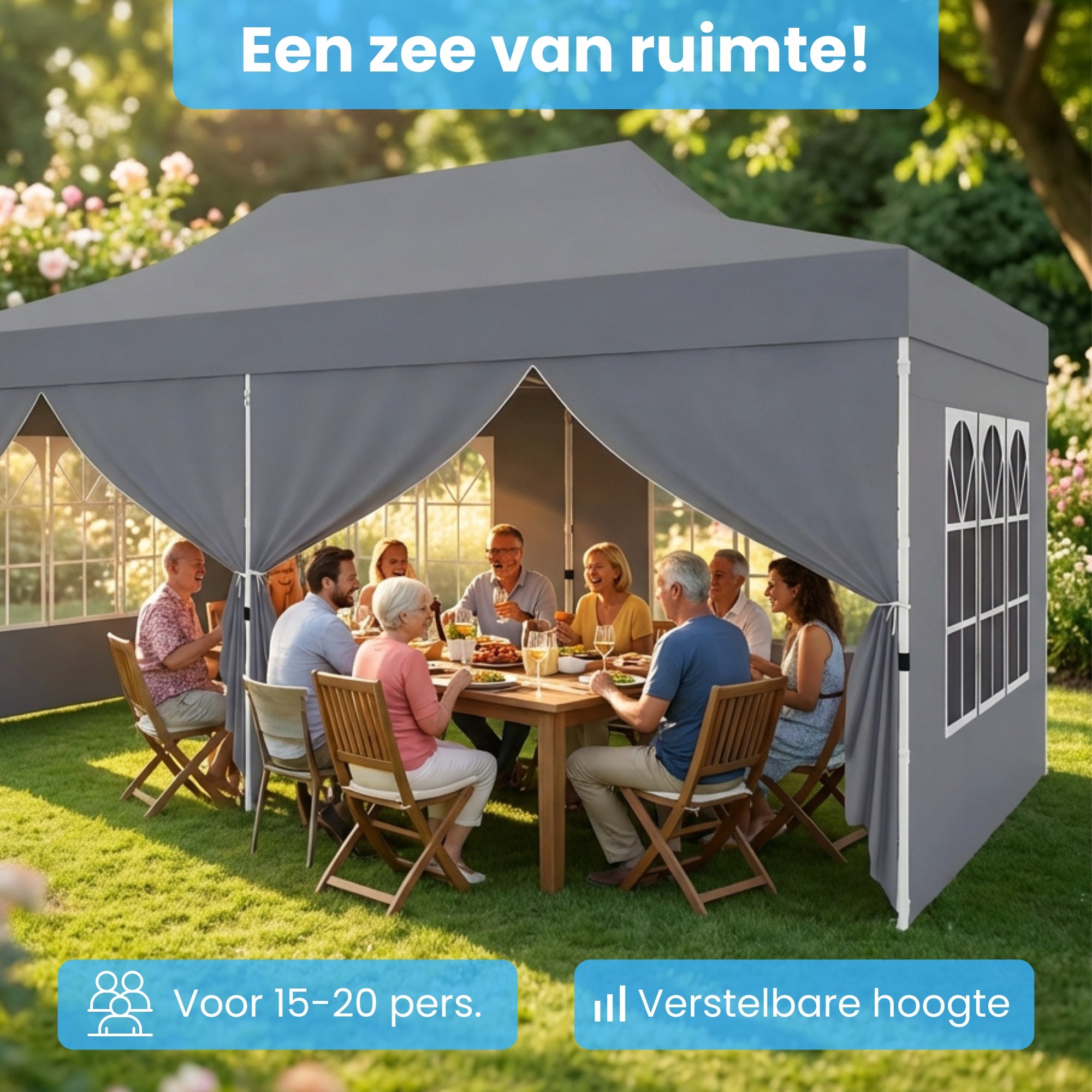Grijze partytent tuinpaviljoen opvouwbaar 6x3m – waterdicht met zijwanden en zandzakken, ideaal voor grote gezelschappen buiten