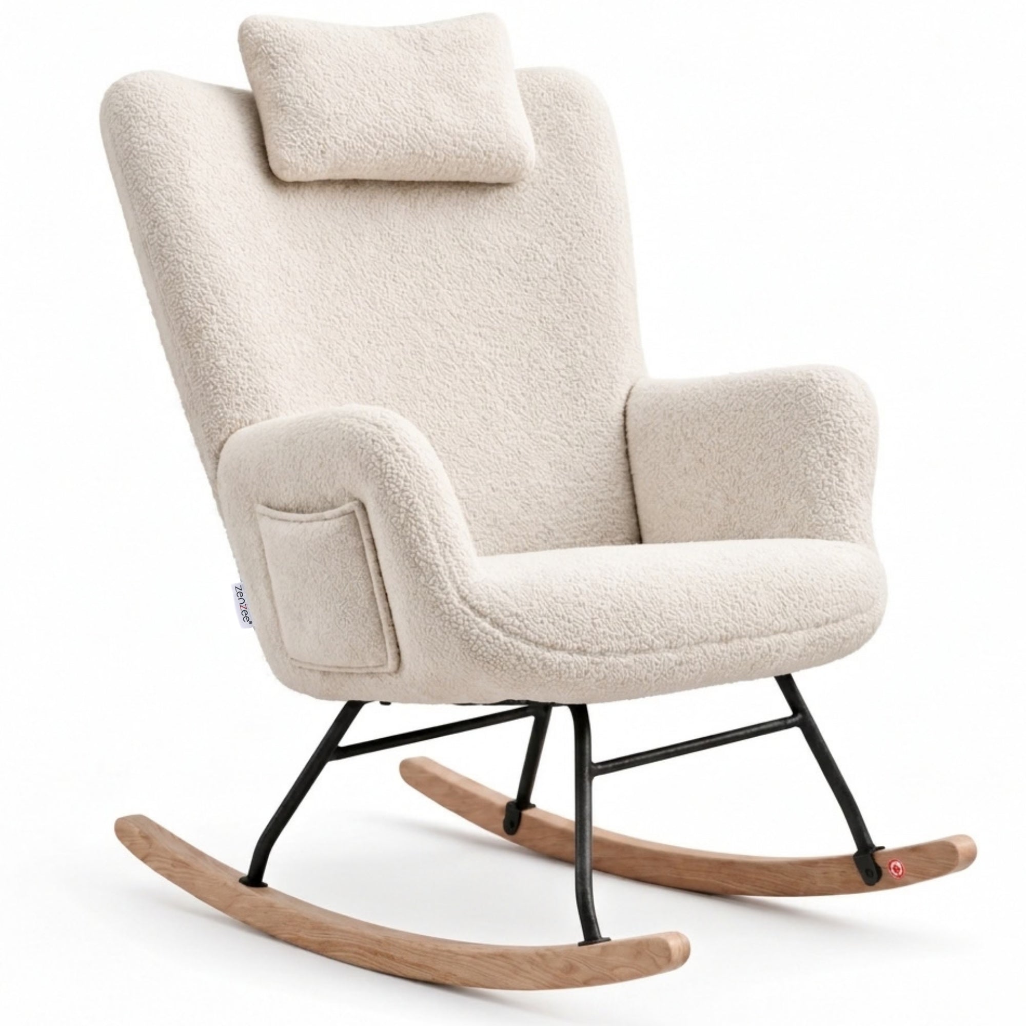 Comfortabele Schommelstoel met kussen en zijvak roomwit/beige | Zenzee met berberfleece bekleding en houten schommelonderstel