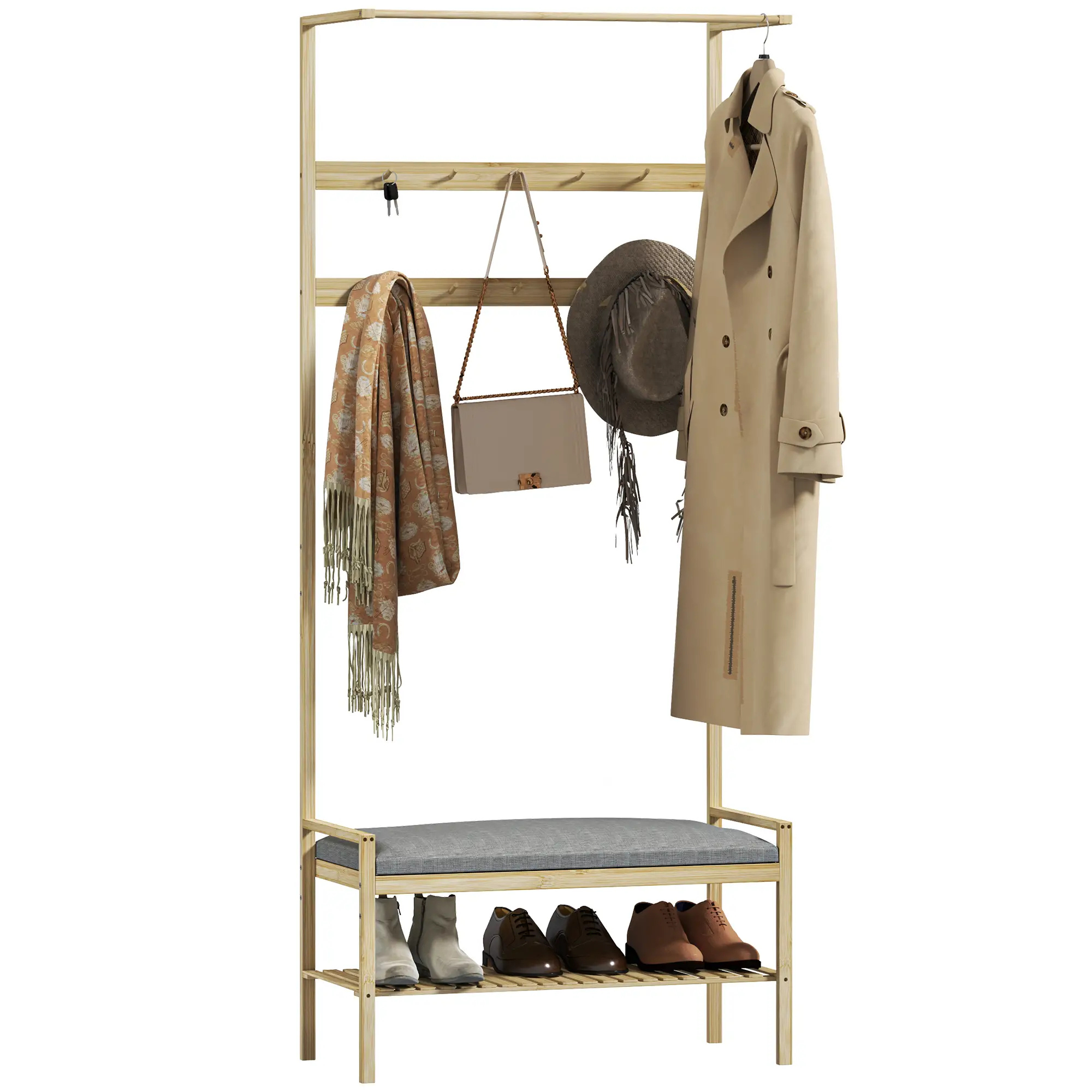 Kapstok garderobe met schoenenrek & zitkussen – duurzaam bamboe halmeubel met haken en ruime schoenenplank voor halorganisatie