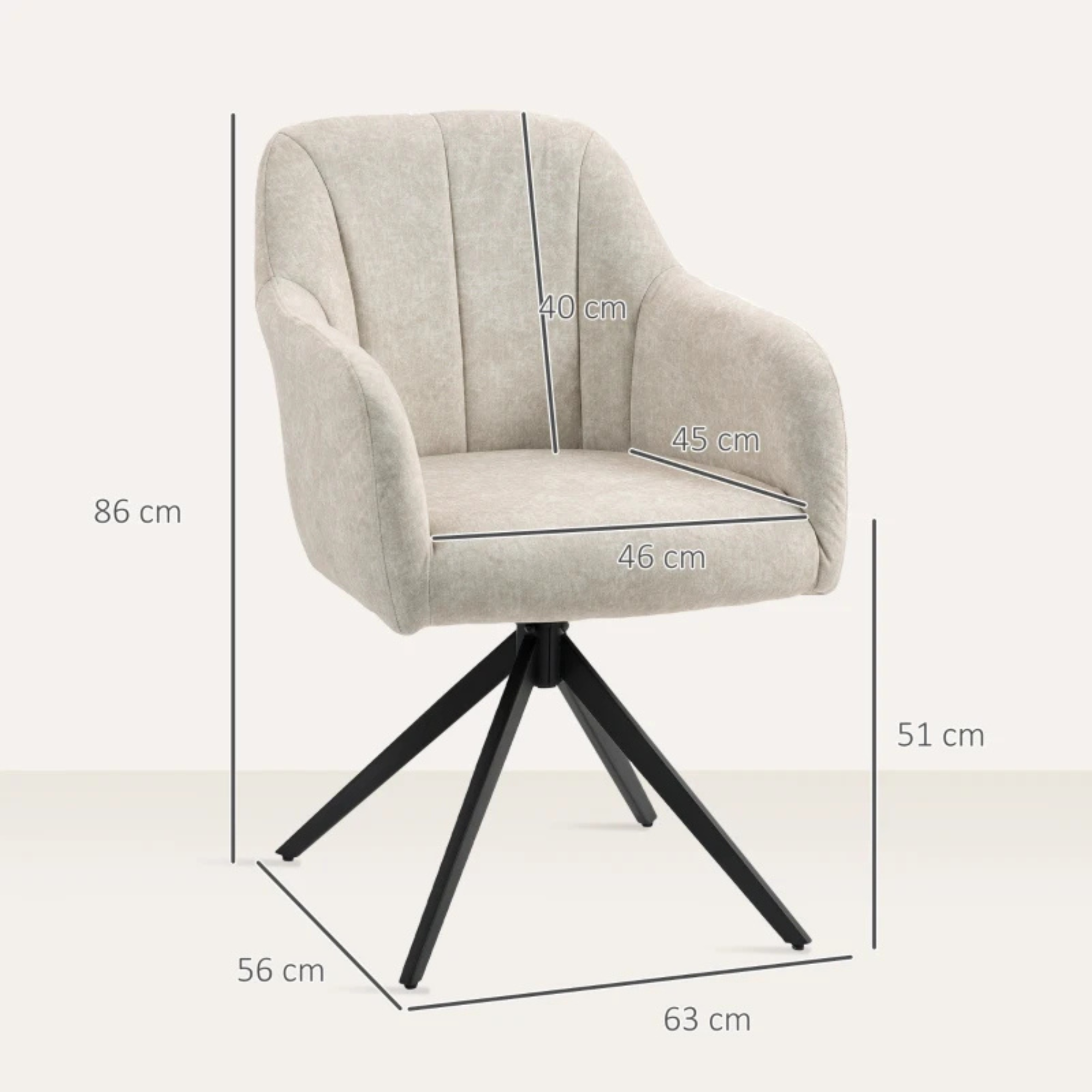 Beige gestoffeerde draaistoel met 360° draaibasis met comfortabele zitting en moderne zwarte metalen onderstelmetingen