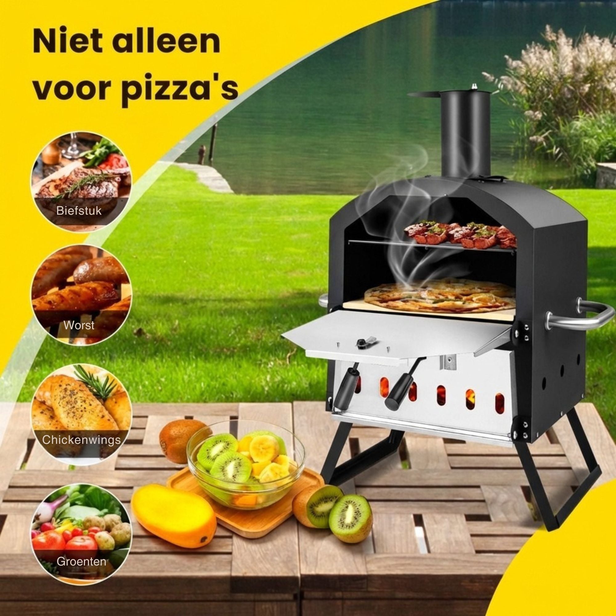 Pizzaoven voor buiten – draagbaar voor pizza, vlees en brood - Met afdekhoes en geschikt voor diverse gerechten onderweg en thuis