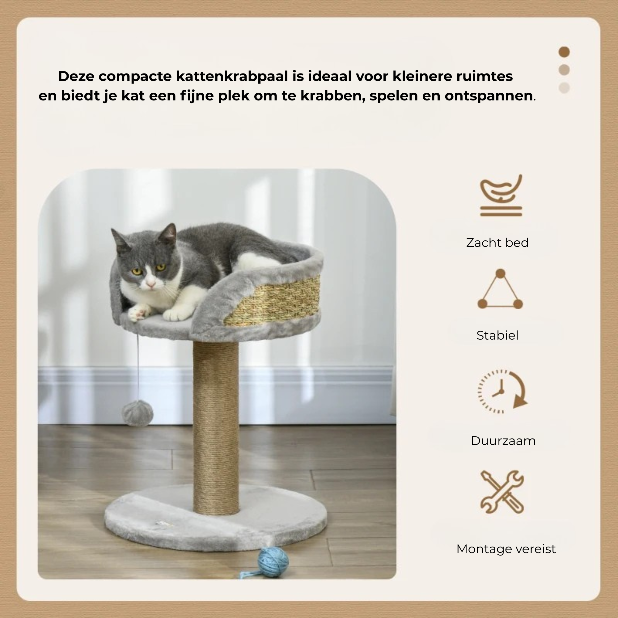 Stevige grijze kattenkrabpaal - 40x40x49 cm - voor actief speelplezier