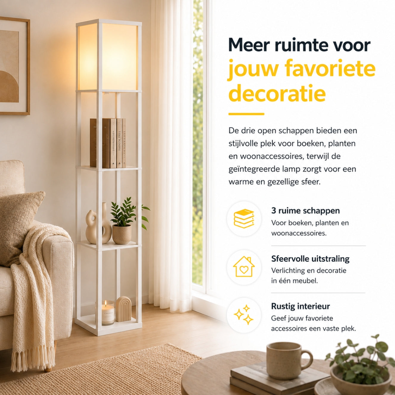 Multifunctionele witte vloerlamp met planken – 160 cm hoog