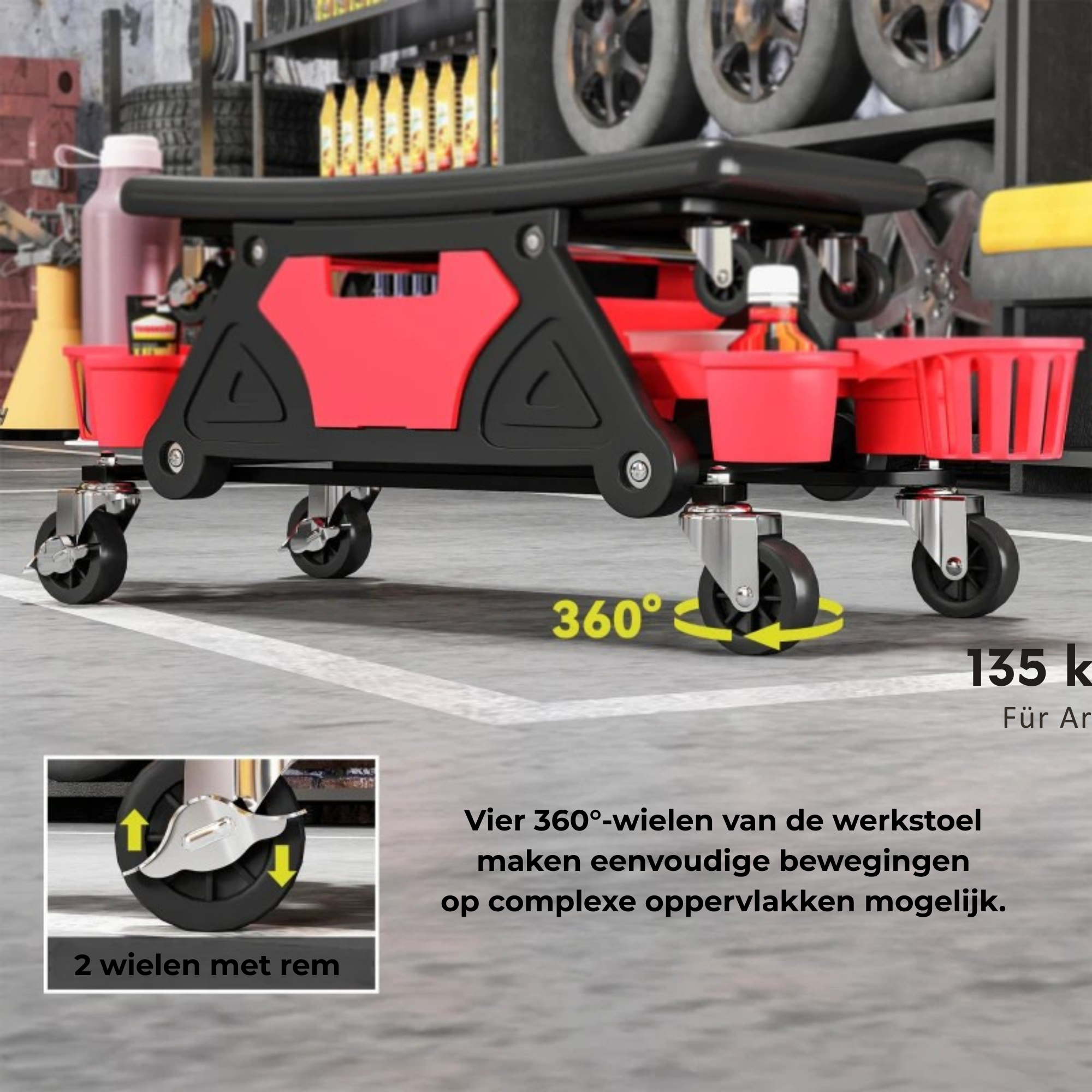 Ergonomische zadelkruk werkplaatskruk op wielen 86×33 cm met 360 graden zwenkwielen en remmen voor stabiliteit