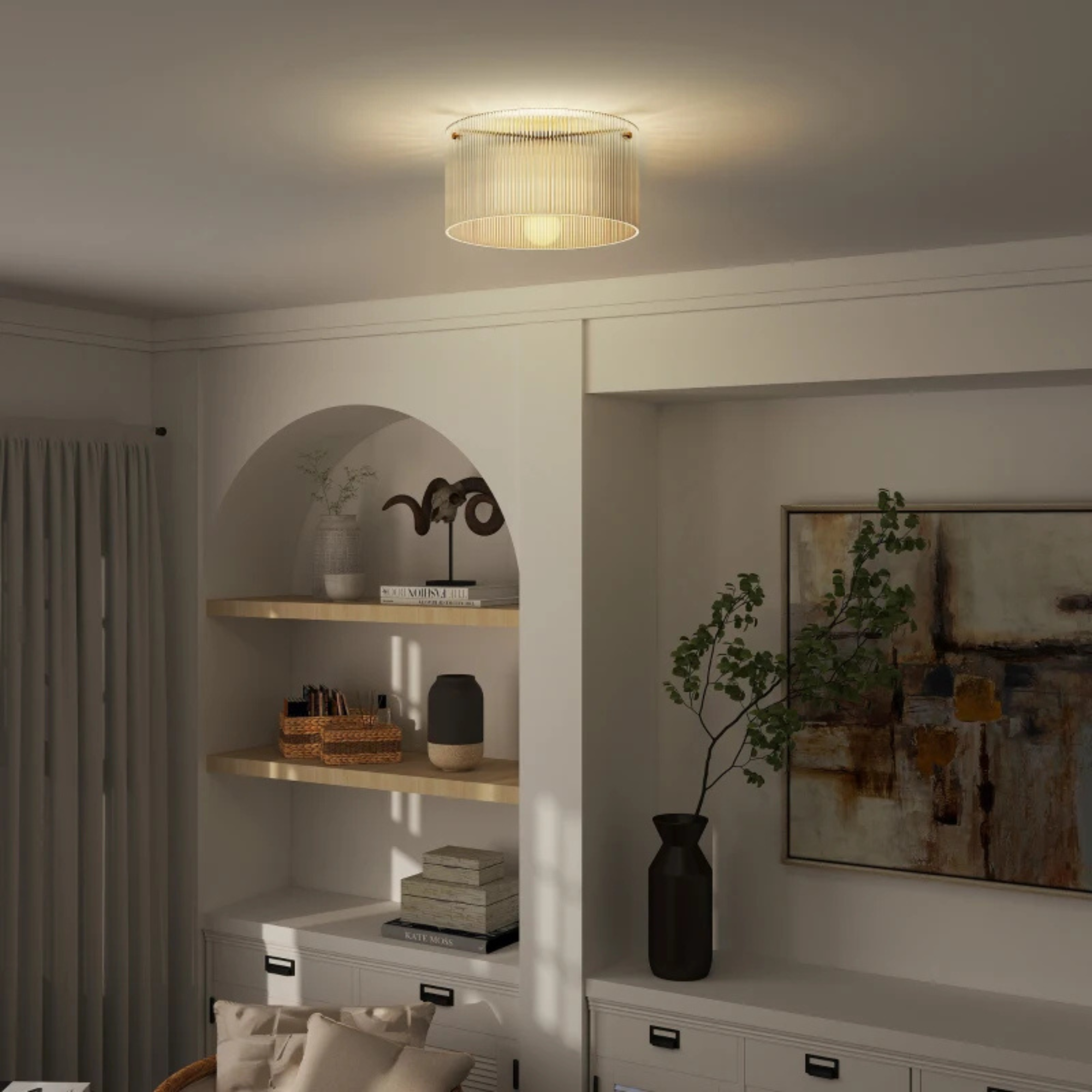 Moderne plafondlamp Ø32 cm voor sfeervolle verlichting met transparante geribbelde kap en metalen frame in woonkamer