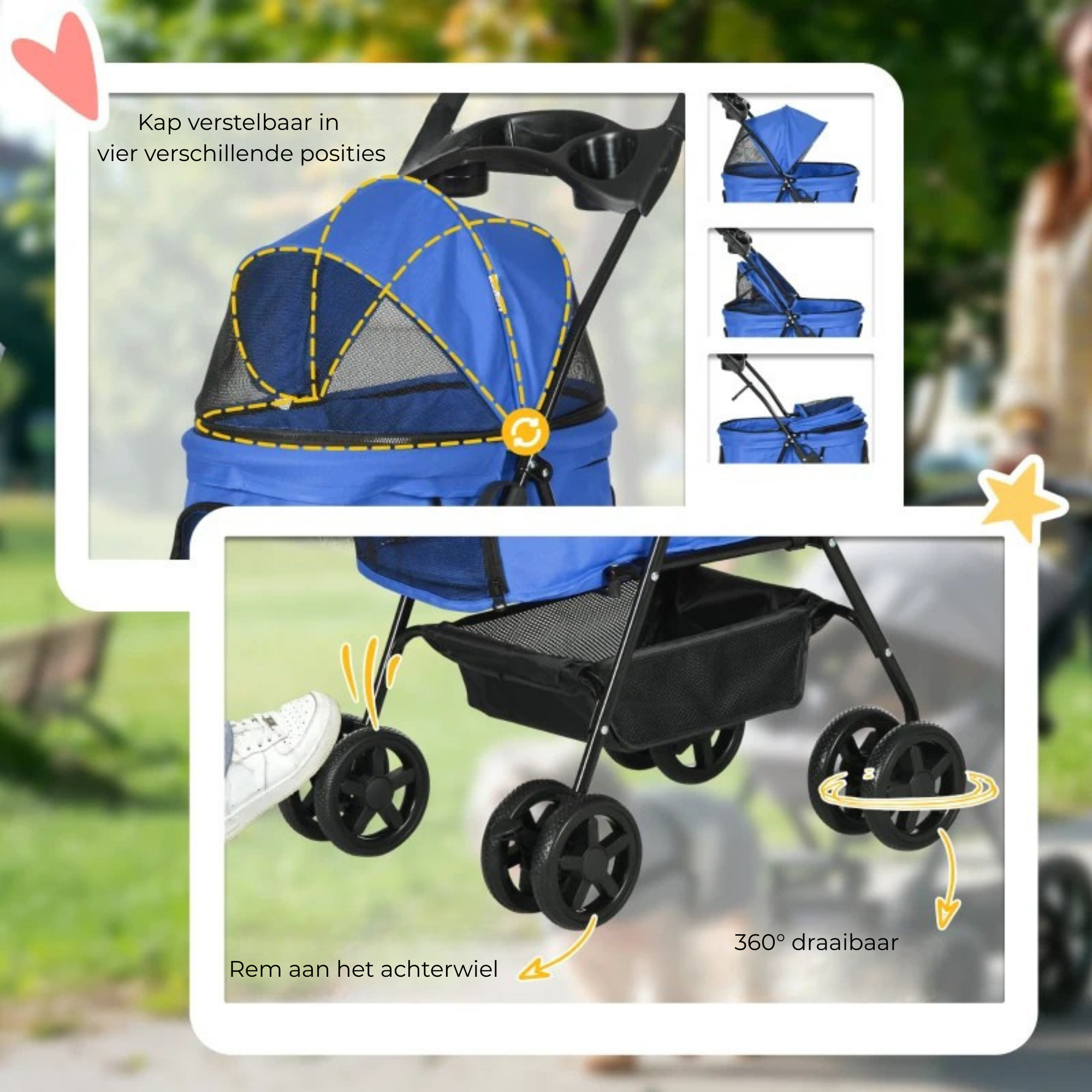 Hondenbuggy blauw opvouwbaar met opbergruimte en veilige parkeerrem