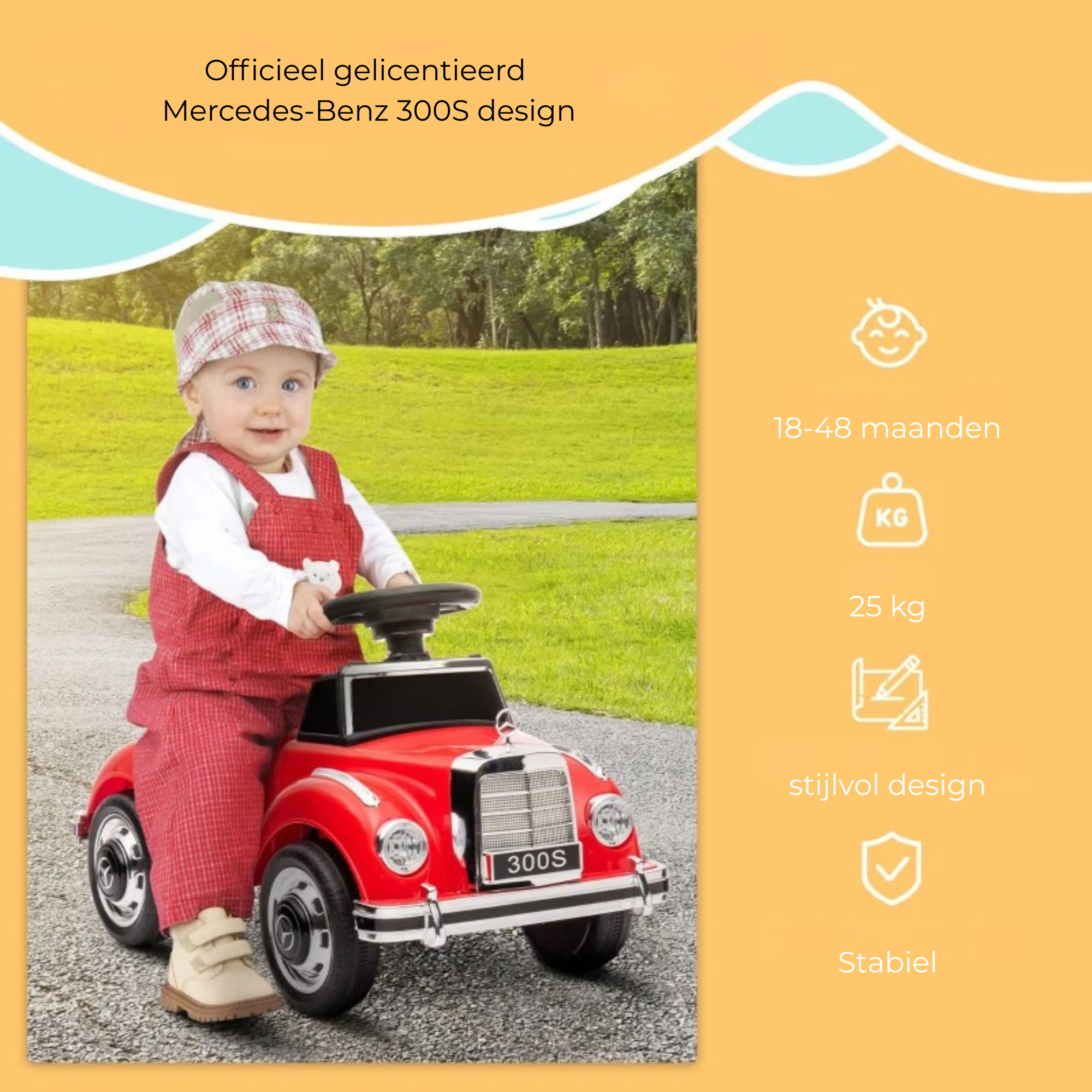 Rode kinderloopauto met opbergruimte voor veilig en leuk speelplezier in officieel Mercedes-Benz 300S design voor jonge kinderen