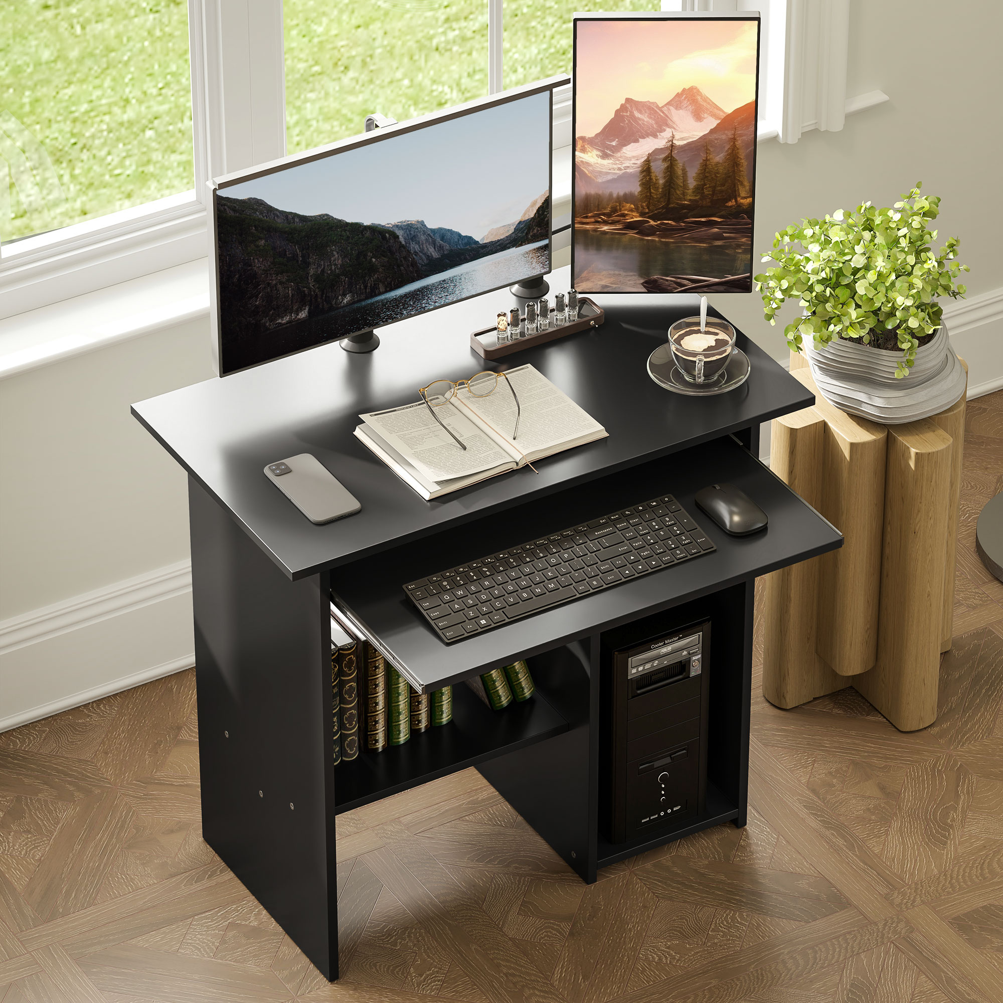 Compact zwart computerbureau 80 × 45 × 75 cm met lade & vakken met slim ontwerp voor een praktische en stijlvolle werkplek thuis