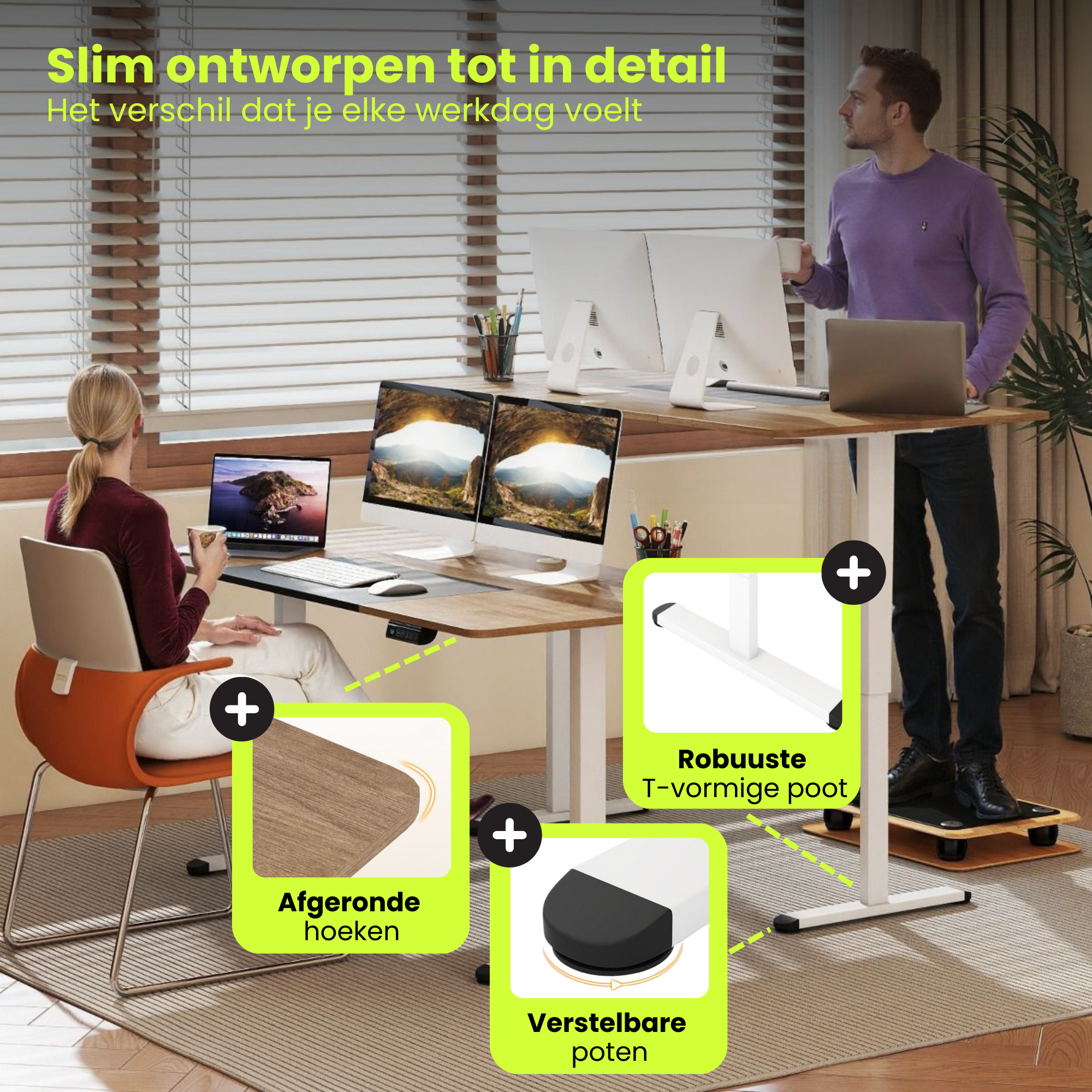 Elektrisch zit sta bureau 140x70 met botsbeveiliging en kinderslot natuur met robuuste T-poot en verstelbare poten