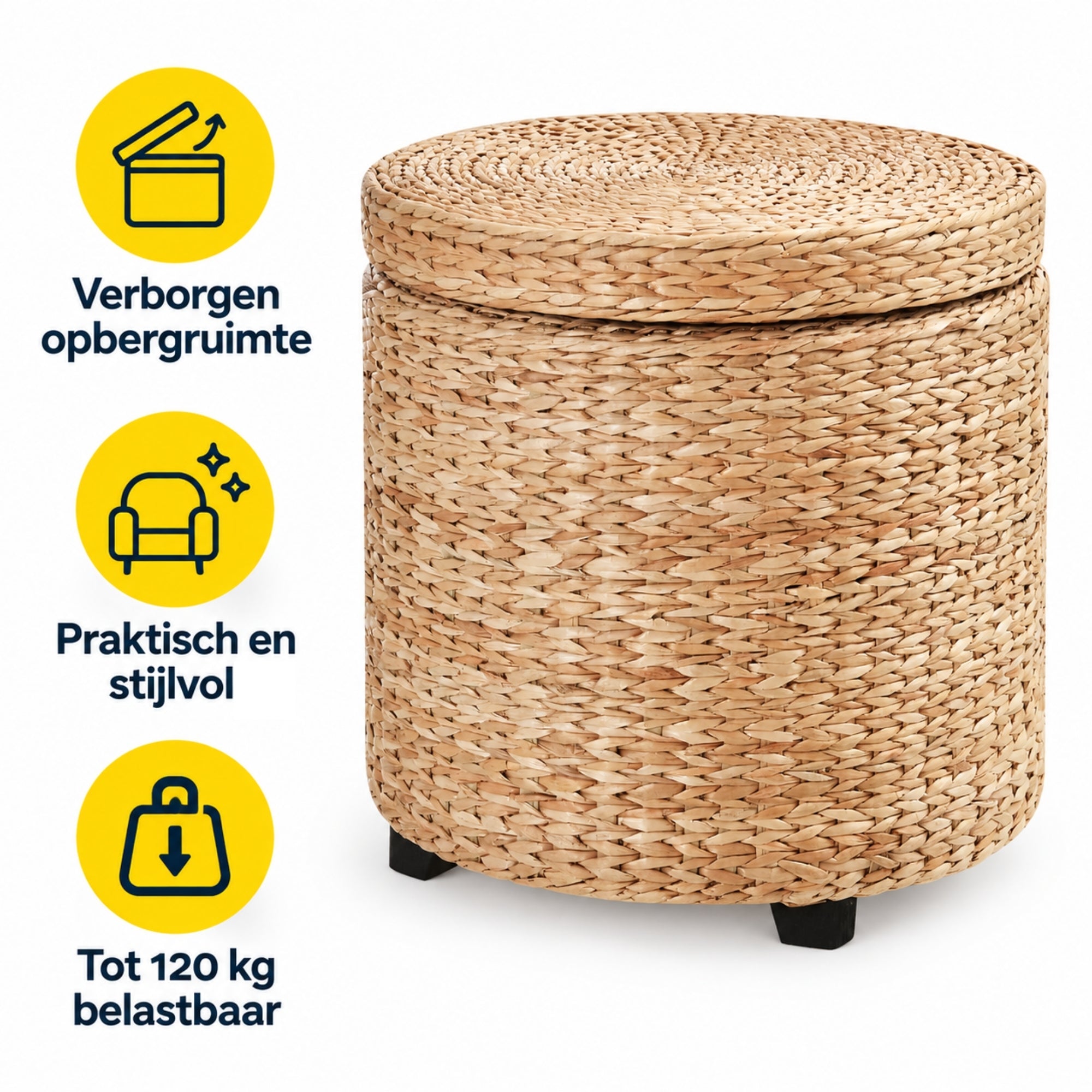 Ronde hocker met opbergruimte en afneembare deksel – stro rotan – Ø43×43 cm in khaki met gesloten deksel en verborgen opbergruimte