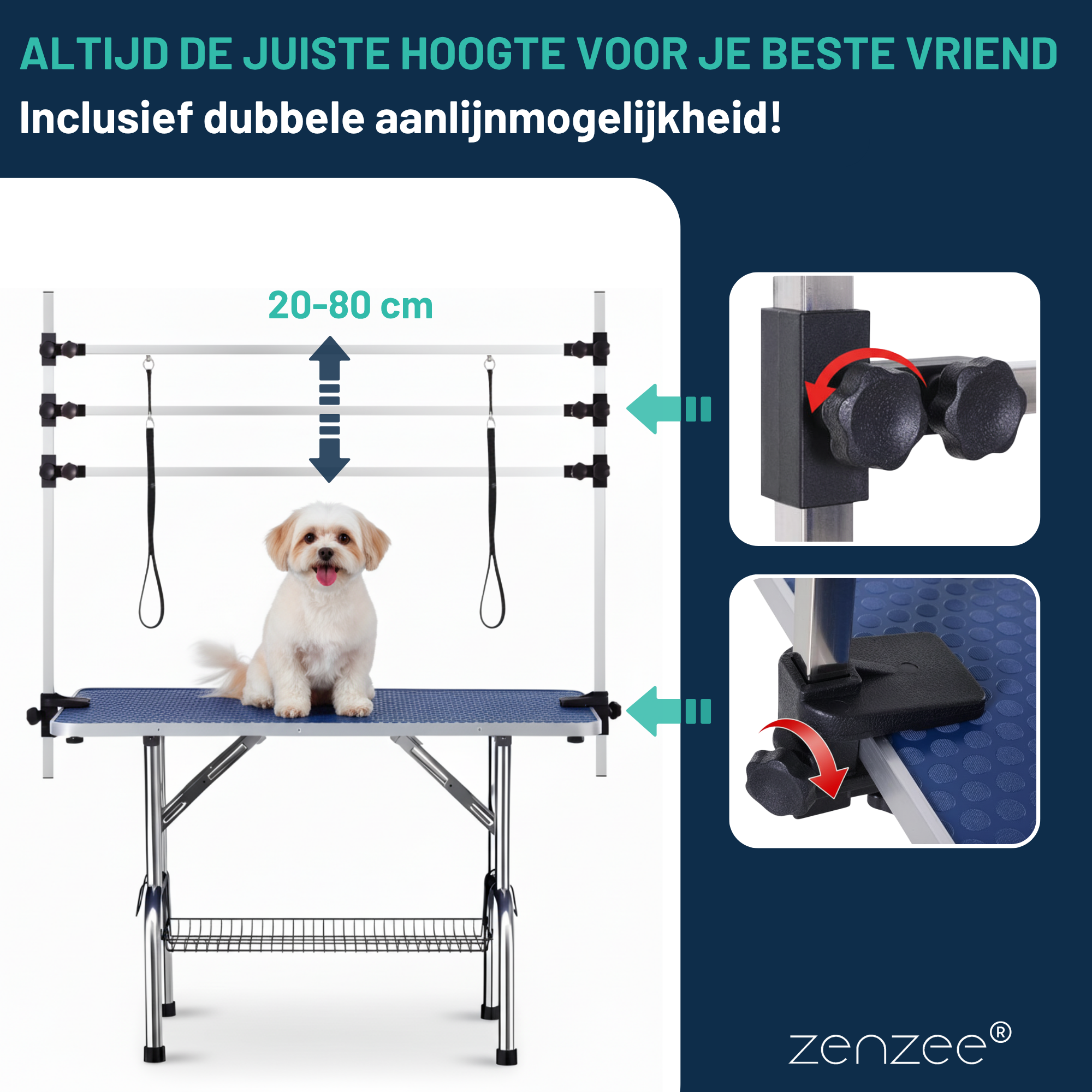 Honden trimtafel zwart 107x60x170 cm – inklapbare tafel met verstelbare trimarm en dubbele aanlijnoptie voor veilige verzorging